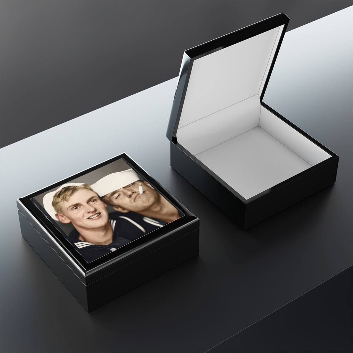 Open rubberwood keepsake box with soft felt-lined interior and ceramic lid displaying a restored vintage photobooth portrait of two sailors.