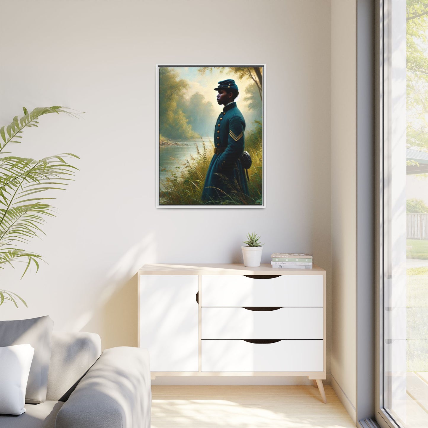 Portrait of an African American Union soldier standing solemnly by a riverside, inspired by Walt Whitman’s Leaves of Grass and Drum-Taps, honoring sacrifice, resilience, and history. Grant Wood Inspired