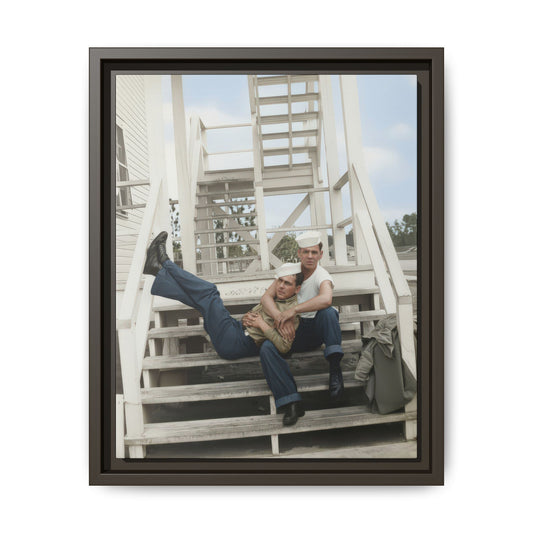 Vintage historical photograph wall art featuring two men in naval dress seated on stairway
