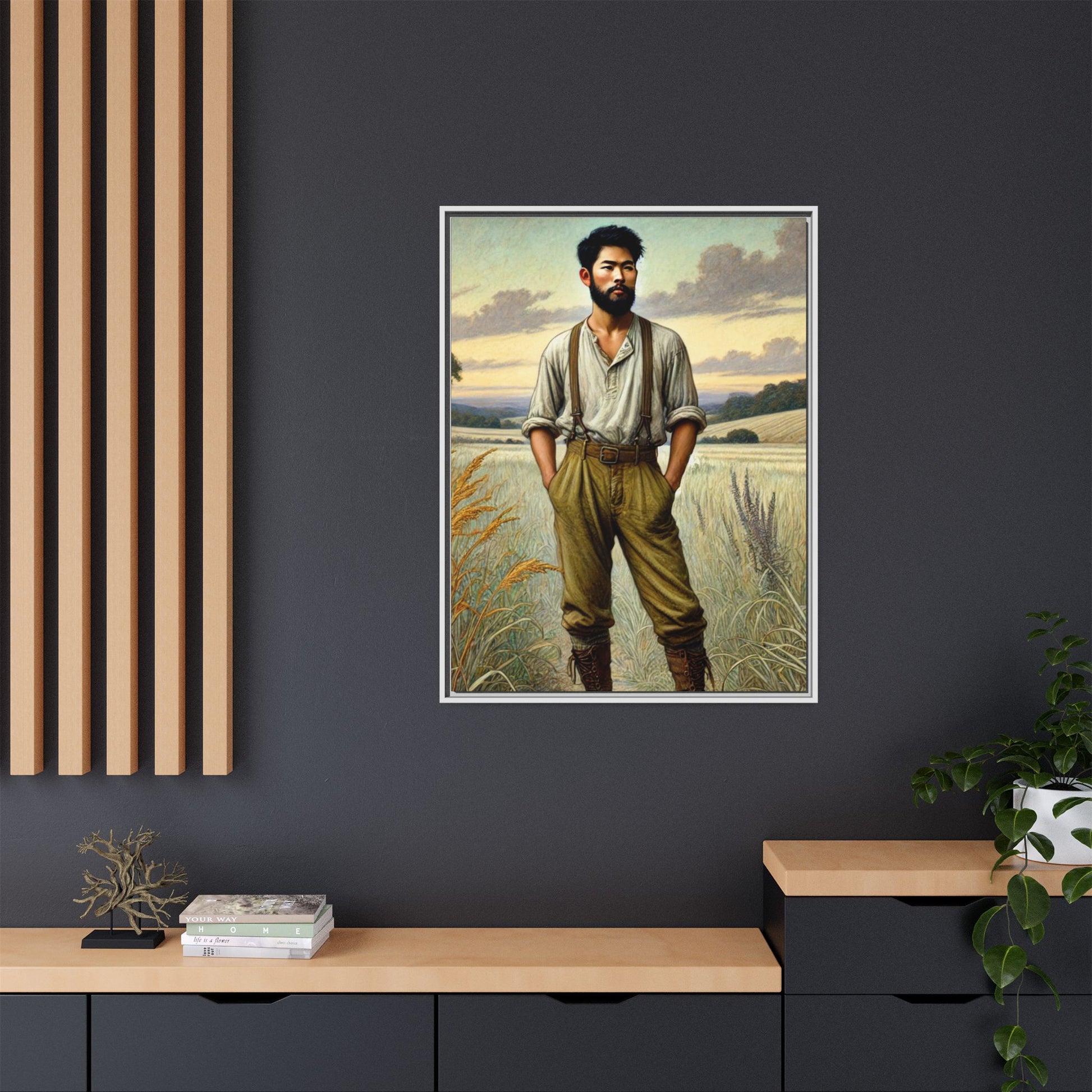 Framed artwork of an Asian-American farmer in 19th-century attire, inspired by Walt Whitman’s Leaves of Grass and Song of Myself, set against a serene rural backdrop of golden wheat fields and rolling hills.