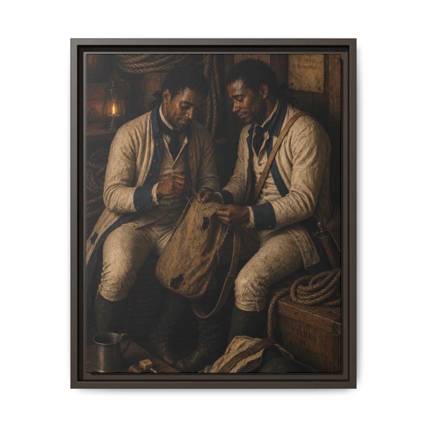 Museum-inspired portrait of two French allied soldiers mending military equipment by lantern light during the American Revolution.