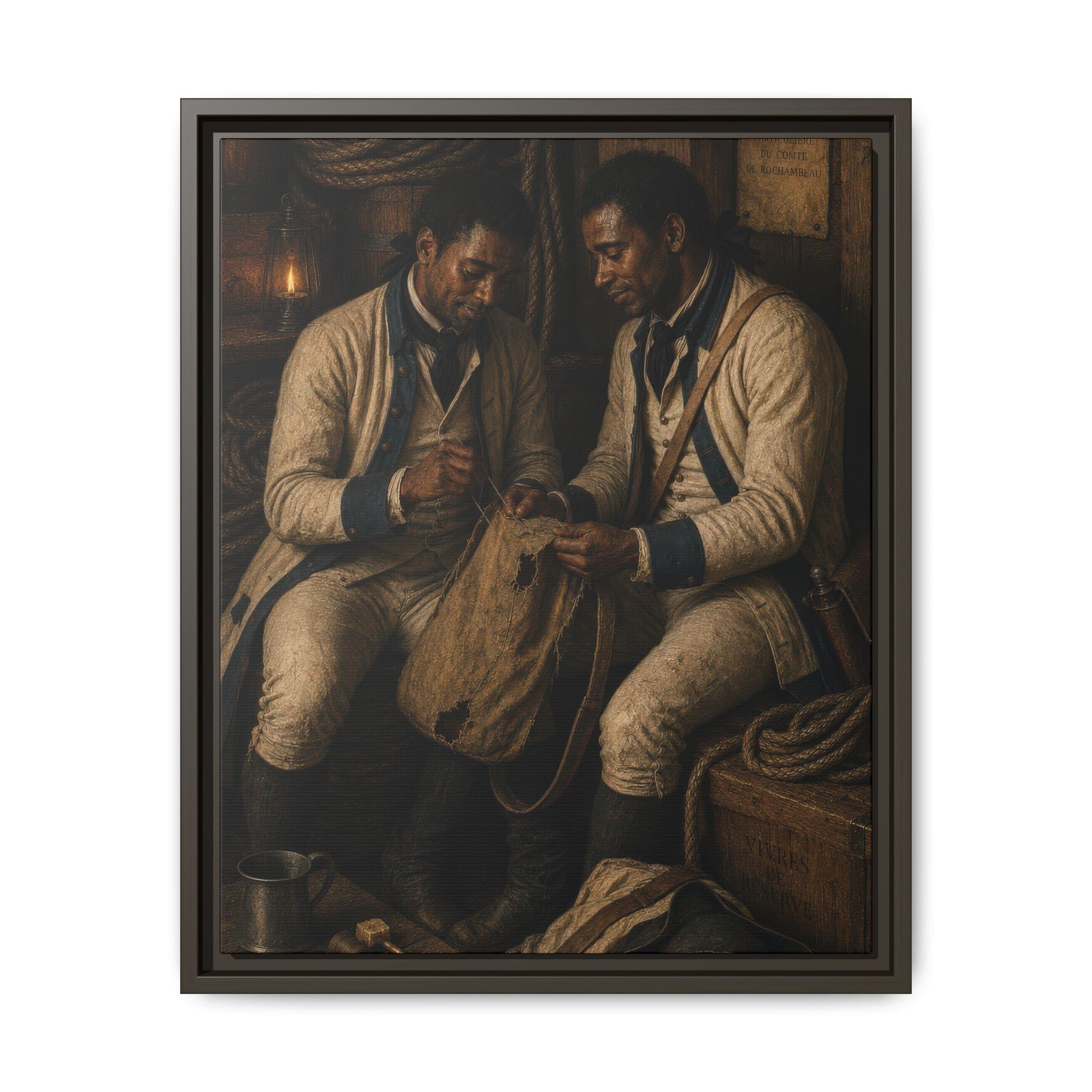 Museum-inspired portrait of two French allied soldiers mending military equipment by lantern light during the American Revolution.