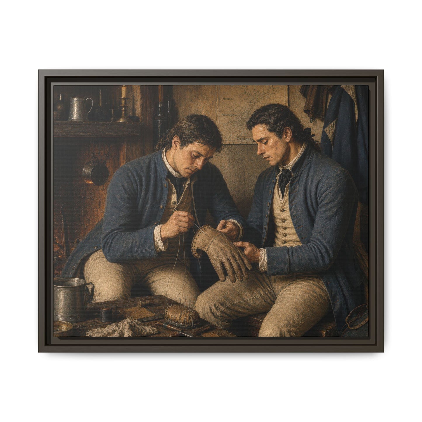 Two Continental Army soldiers repair a leather glove beside a hearth in a museum-inspired Revolutionary War portrait. 