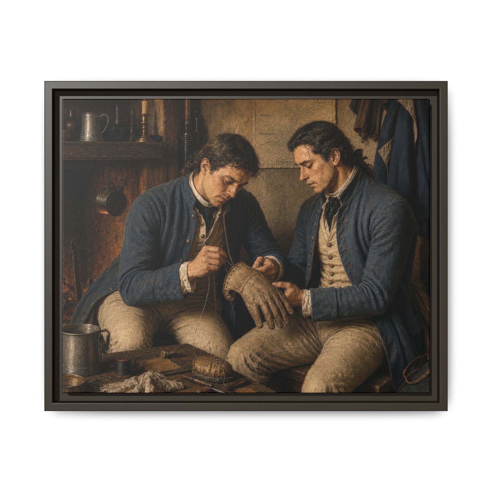 Two Continental Army soldiers repair a leather glove beside a hearth in a museum-inspired Revolutionary War portrait. 