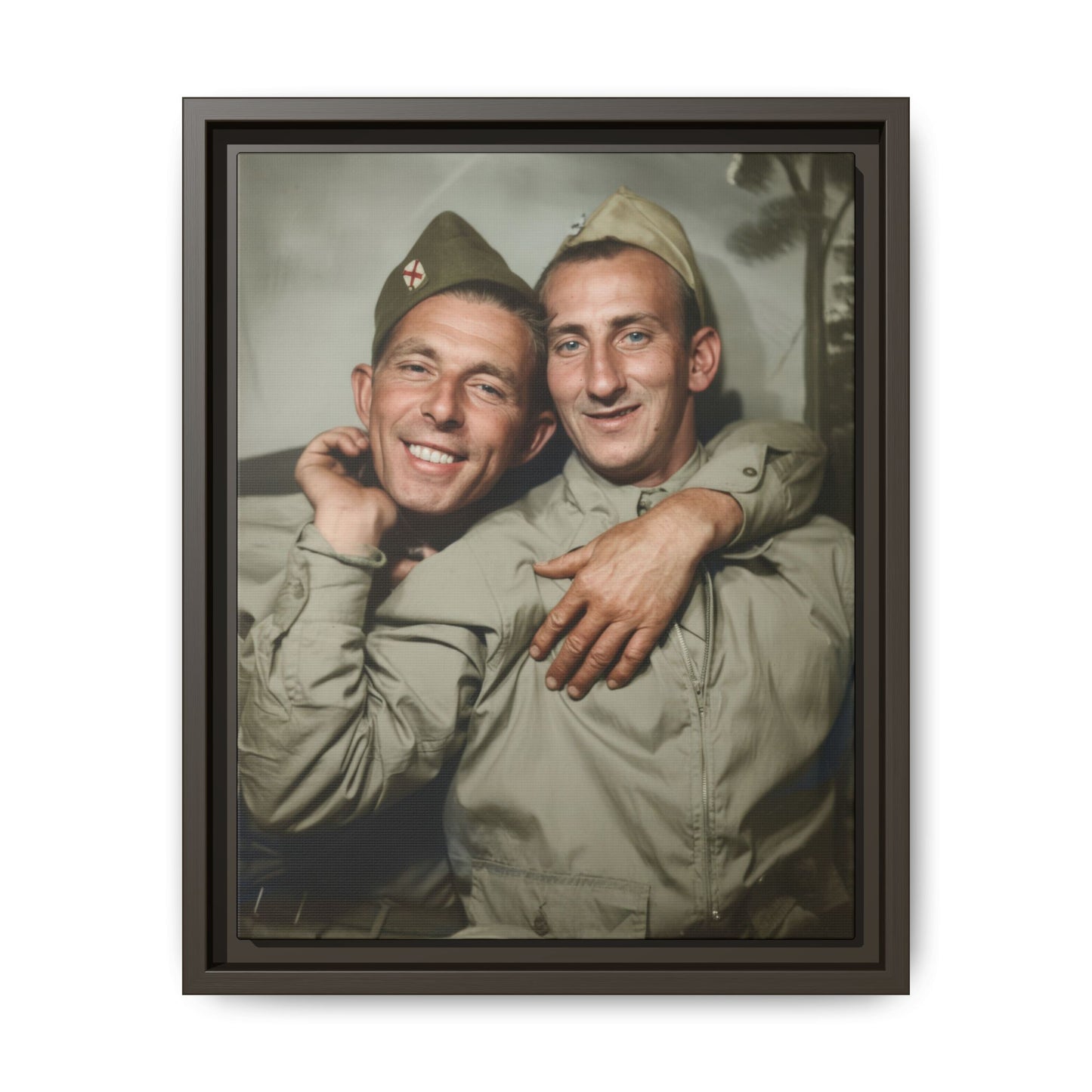 Vintage photograph of two uniformed men posed closely together as framed canvas wall art