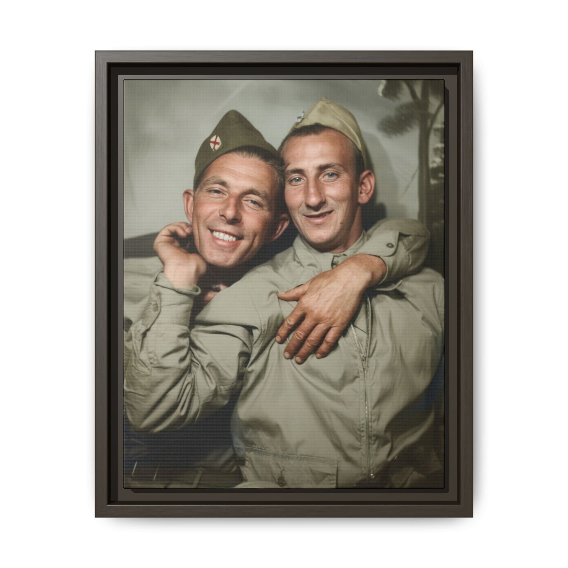Vintage photograph of two uniformed men posed closely together as framed canvas wall art