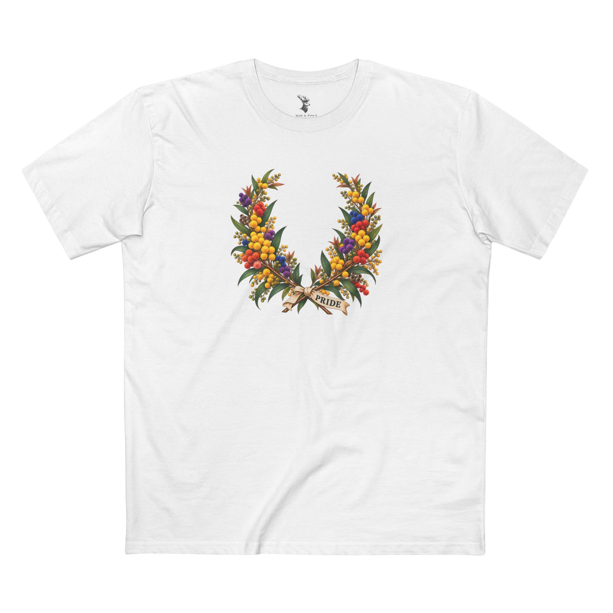 Australian golden wattle botanical Pride wreath with colorful blossoms and the word PRIDE