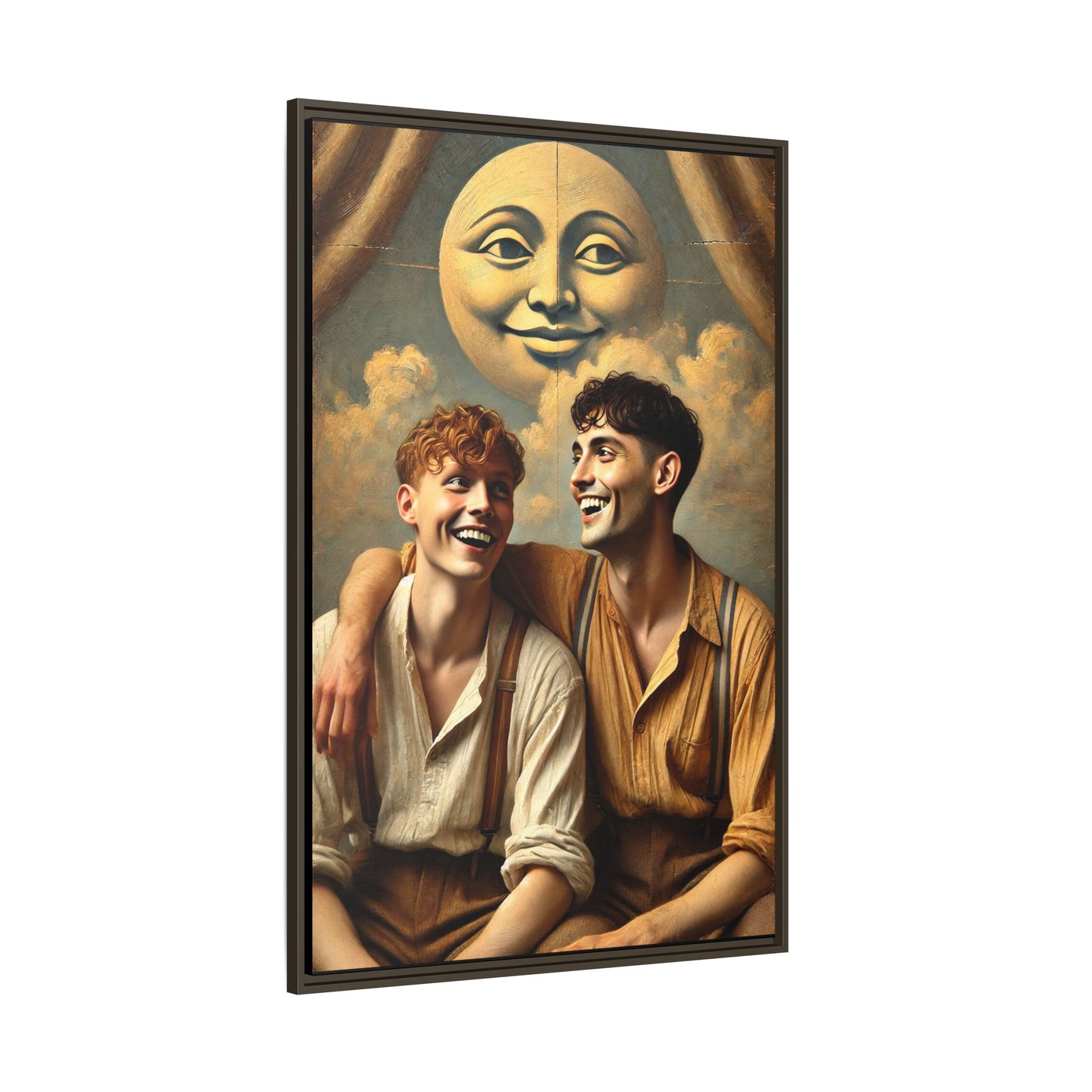 Queer artwork of two joyful young men dressed in vintage clothing with rolled sleeves and suspenders, laughing under a large moon prop in a dreamy studio scene. A celebration of love and resilience reclaimed from forgotten queer histories.