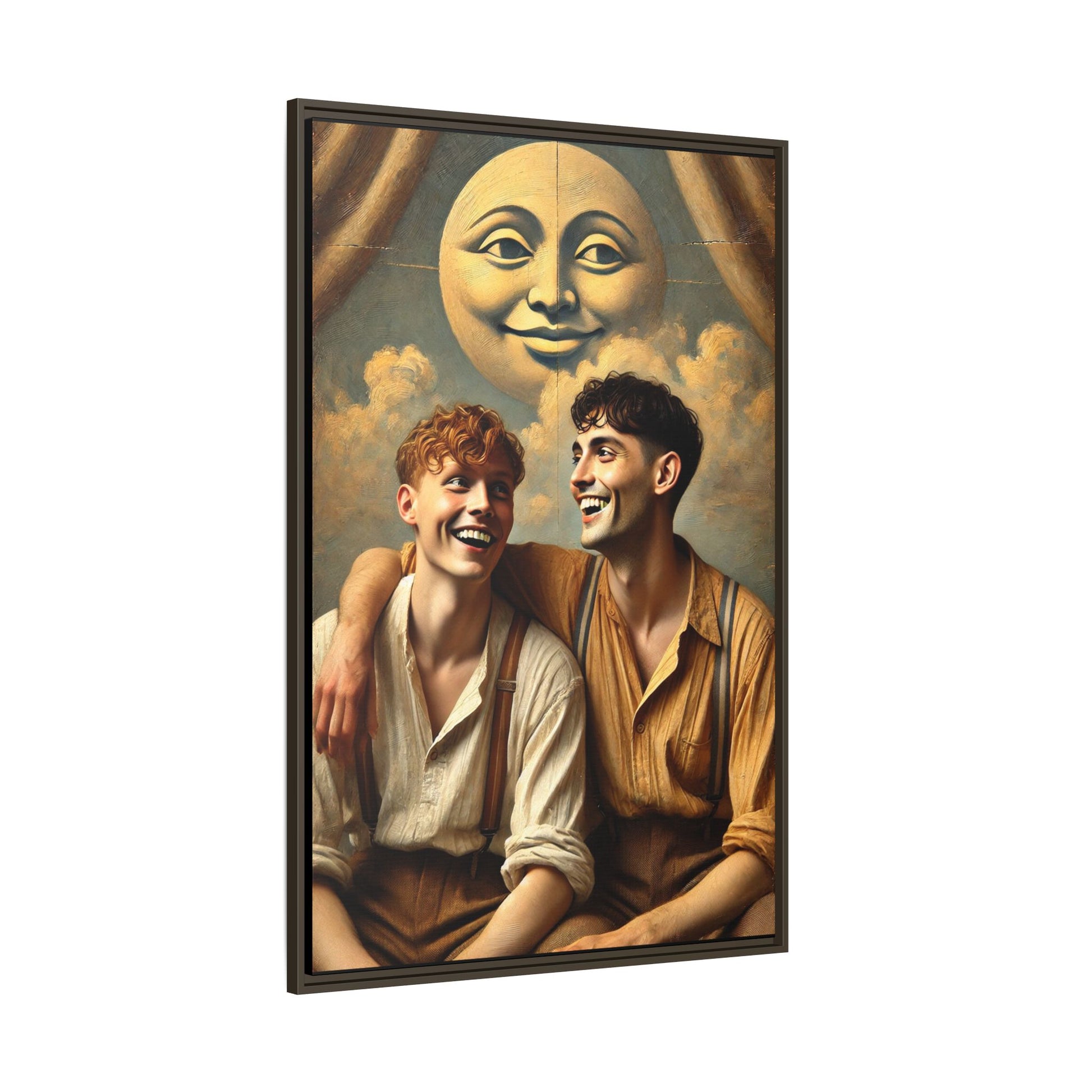 Queer artwork of two joyful young men dressed in vintage clothing with rolled sleeves and suspenders, laughing under a large moon prop in a dreamy studio scene. A celebration of love and resilience reclaimed from forgotten queer histories.