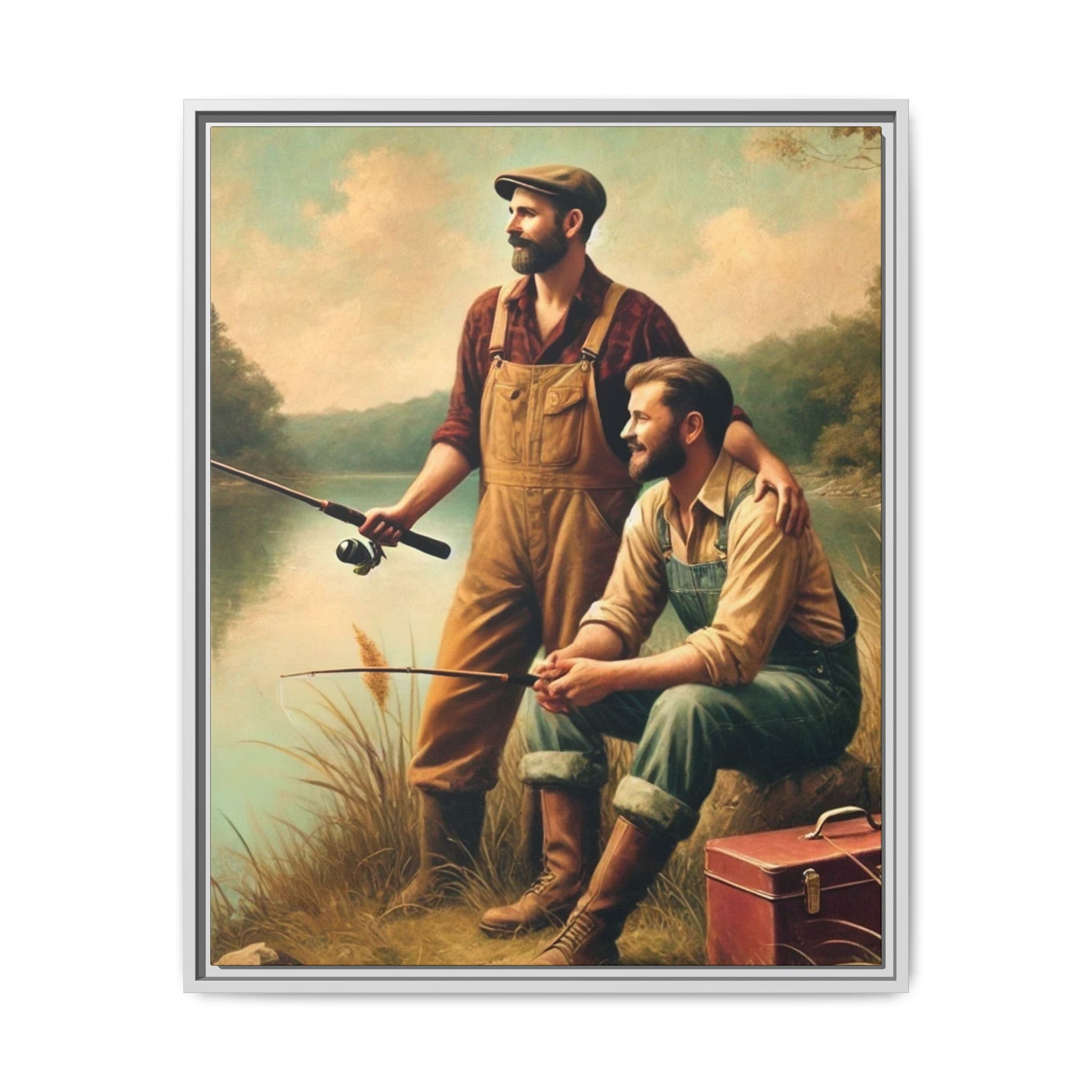 Vintage-style artwork of a gay couple fishing at a serene lakeside in the 1930s, celebrating love and rural life