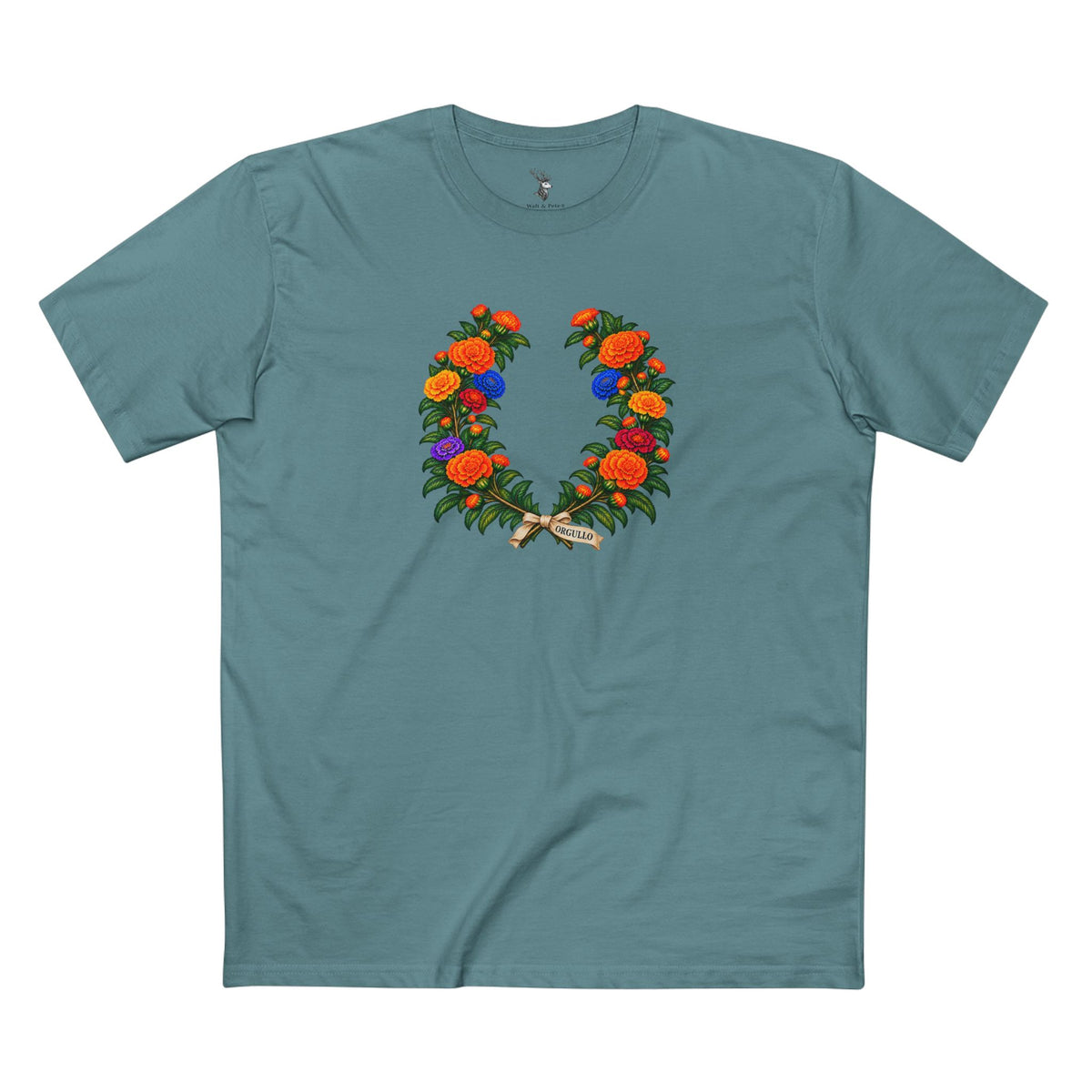 Mexican Cempasúchil Orgullo T-Shirt | Floral LGBTQ+ Pride Laurel Wreath Tee