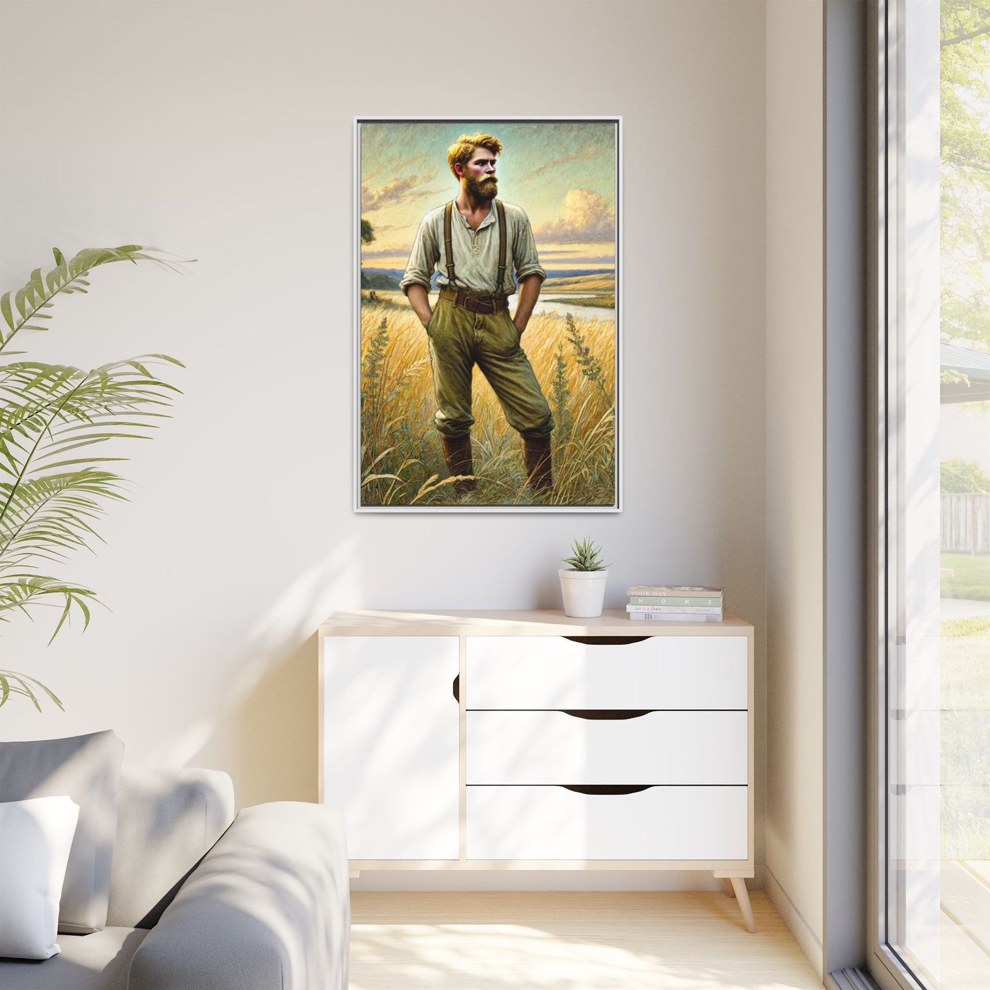 Framed artwork of a confident farmer in 19th-century attire, standing in a golden wheat field, inspired by Walt Whitman’s Song of Myself in Leaves of Grass.