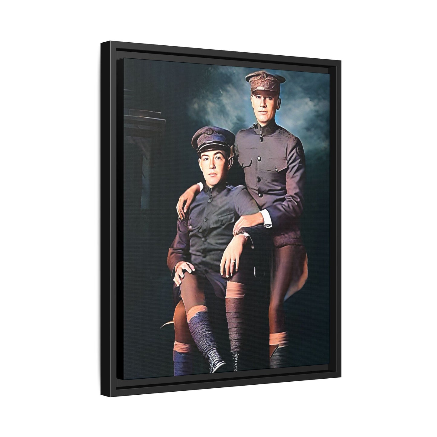 Restored WWI-era photo of Frederick & Hugh, gay soldiers seated together in Providence, Rhode Island, framed canvas art.