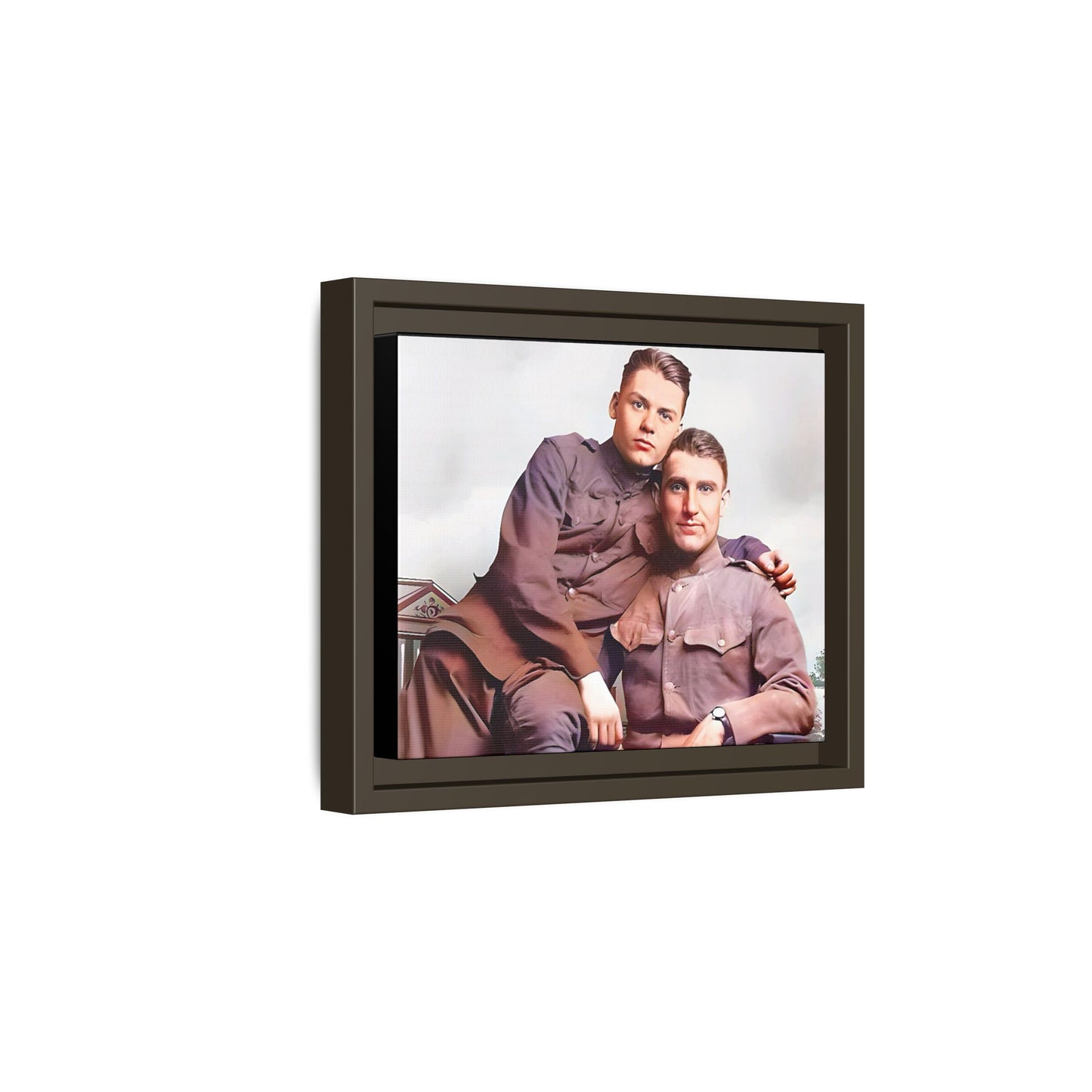 A restored WWII-era portrait of Charlie & Gordon at Debach Airfield, UK. This framed matte canvas captures military camaraderie, resilience, and historical connection, making it a timeless tribute for vintage and aviation collectors. Gay Couple