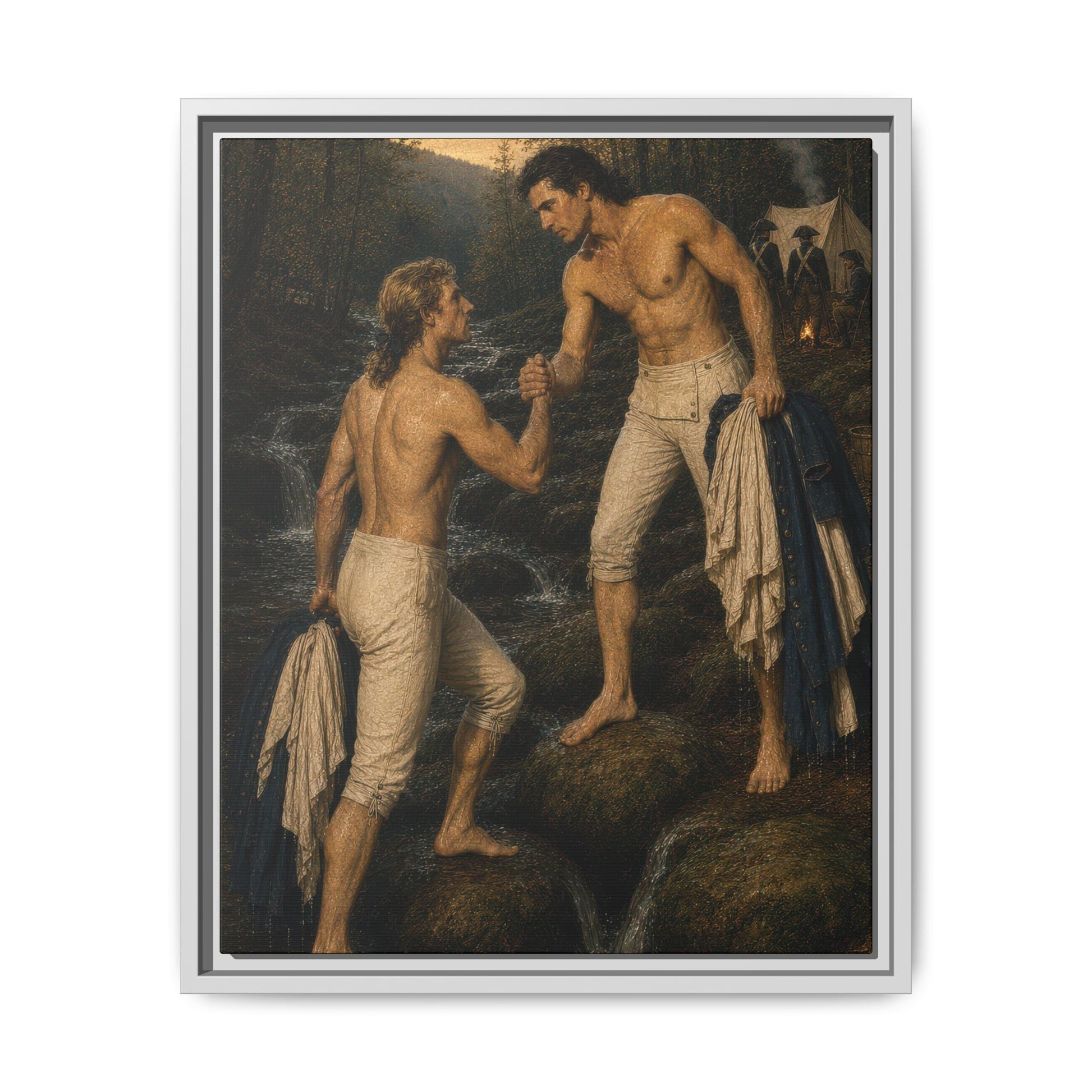 Companions of Liberty Revolutionary War portrait featuring two Continental Army soldiers carrying uniforms beside a woodland stream near camp.