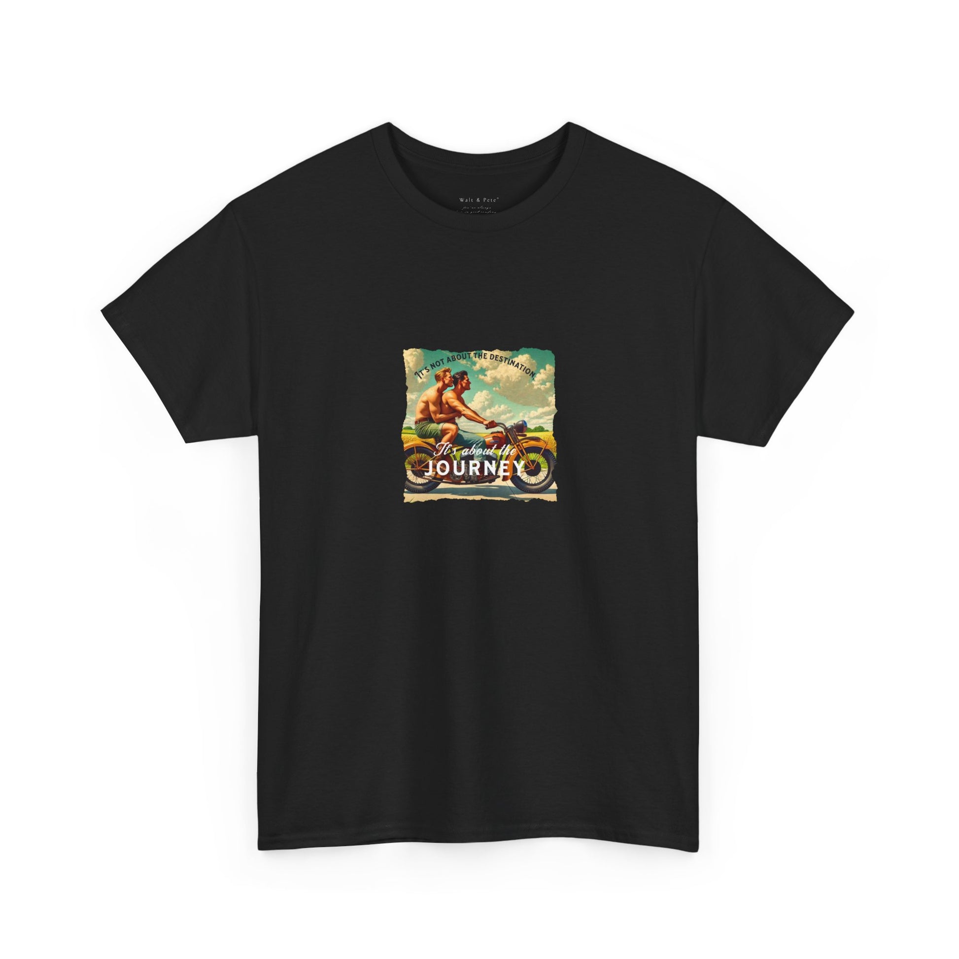 Vintage- Grant Wood-inspired graphic t-shirt featuring a 1930s gay couple with a motorcycle, symbolizing love, history, and the spirit of freedom.