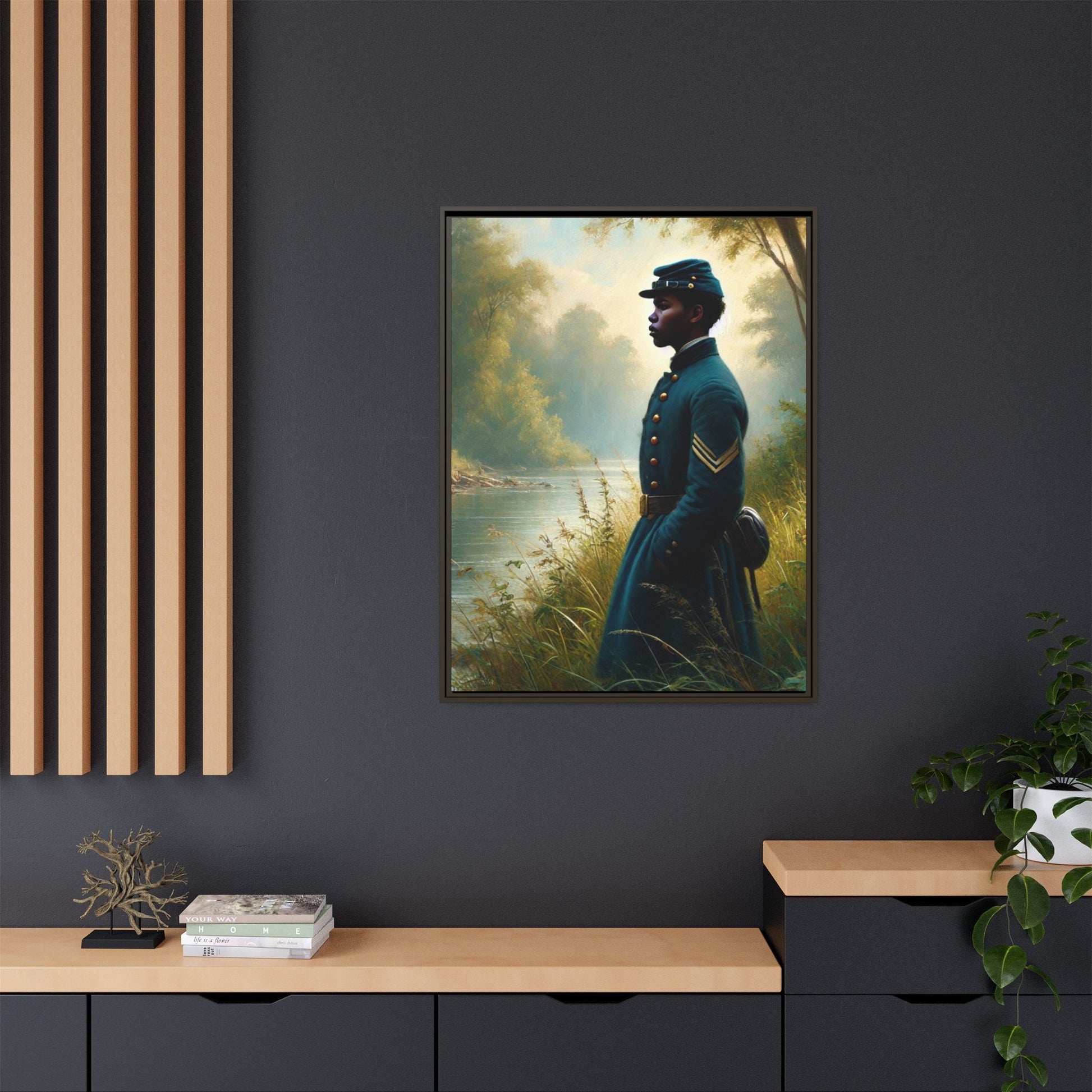 Portrait of an African American Union soldier standing solemnly by a riverside, inspired by Walt Whitman’s Leaves of Grass and Drum-Taps, honoring sacrifice, resilience, and history. Grant Wood Inspired