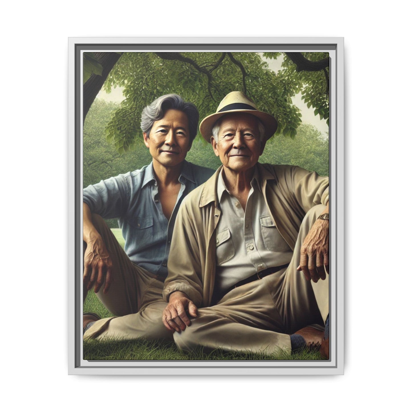 Hyper-realistic painting of an elderly Asian-American gay couple in 1930s attire under a leafy tree, celebrating love and resilience.