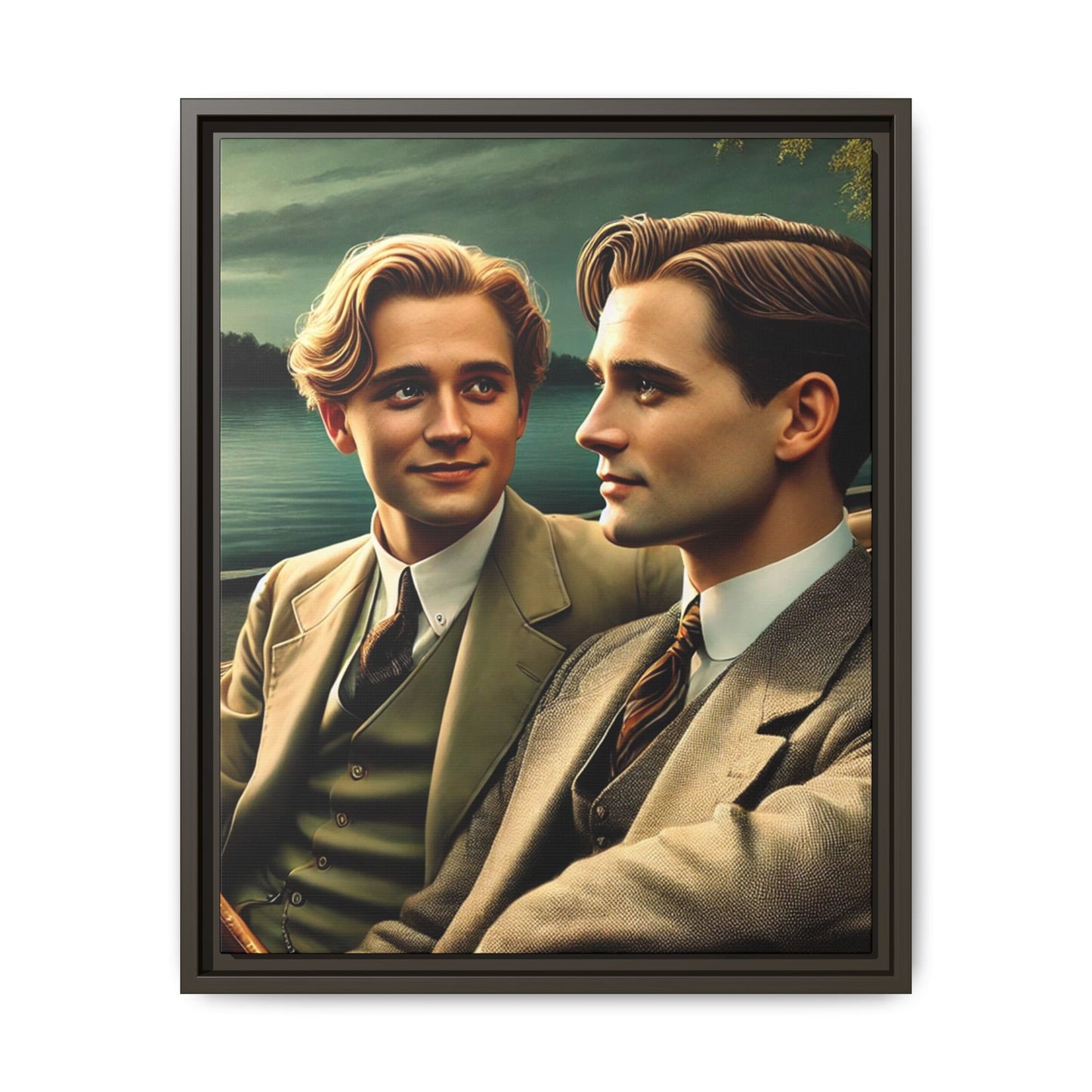 Vintage-style artwork of a gay couple from the 1930s in a Packard car by the Mississippi River, celebrating love and inclusivity.