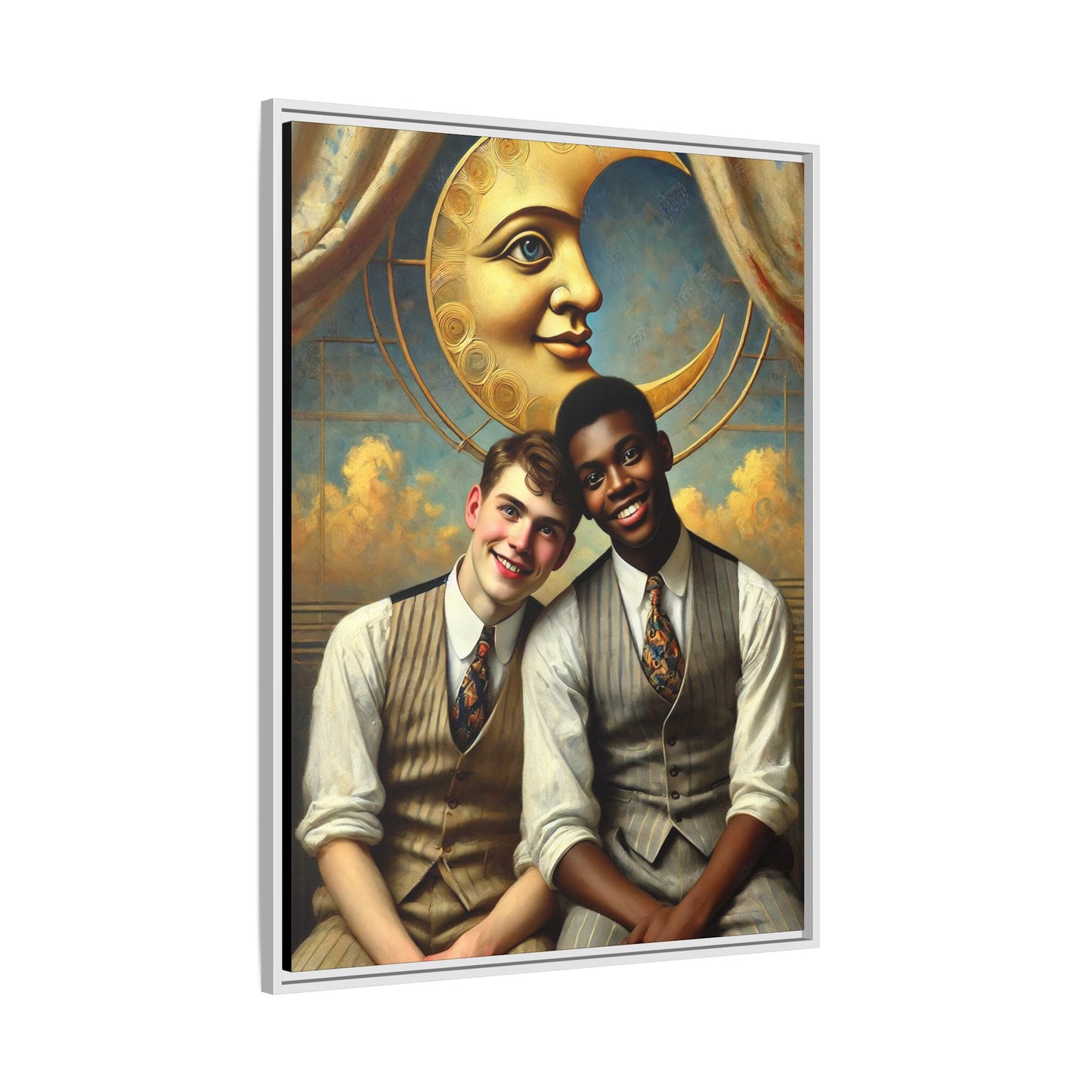 A vintage-style artwork showing a young interracial gay couple in 1920s attire sitting beneath a golden crescent moon with a serene expression. Their joyful closeness reclaims erased queer history and reflects the beauty of interracial love through a lens of tenderness and celebration.