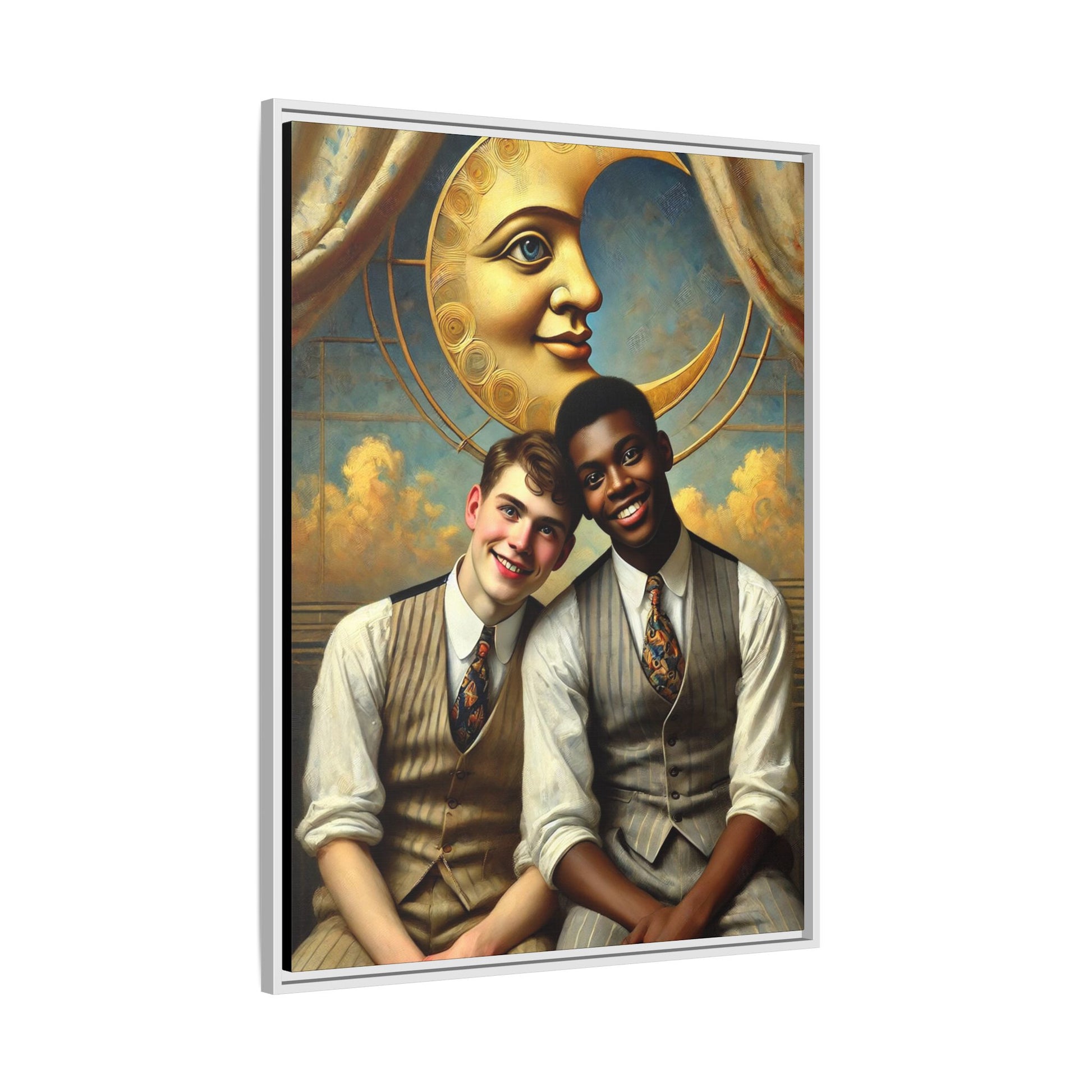 A vintage-style artwork showing a young interracial gay couple in 1920s attire sitting beneath a golden crescent moon with a serene expression. Their joyful closeness reclaims erased queer history and reflects the beauty of interracial love through a lens of tenderness and celebration.