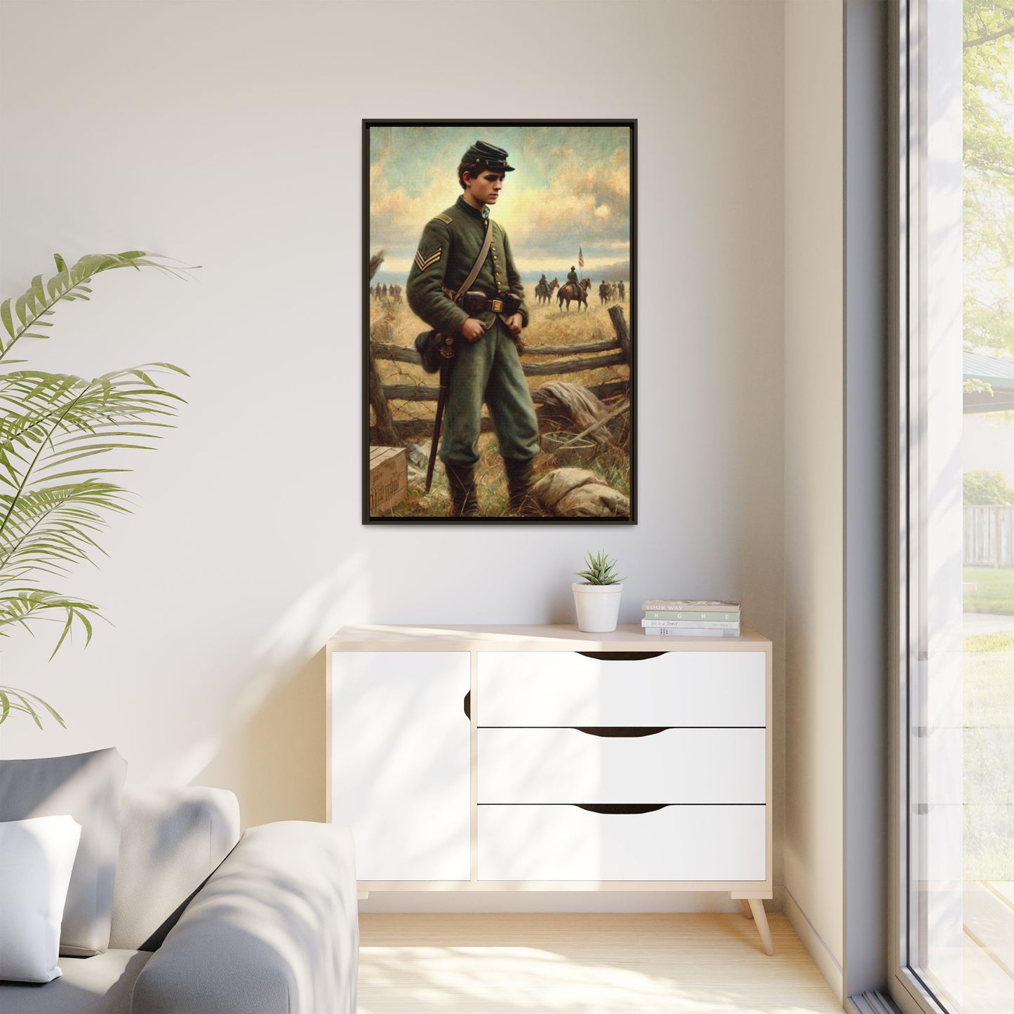 Framed artwork of a young Civil War Union soldier inspired by Walt Whitman’s Drum-Taps poems and Grant Wood's style, depicting battlefield sacrifice, humanity, and historical charm.