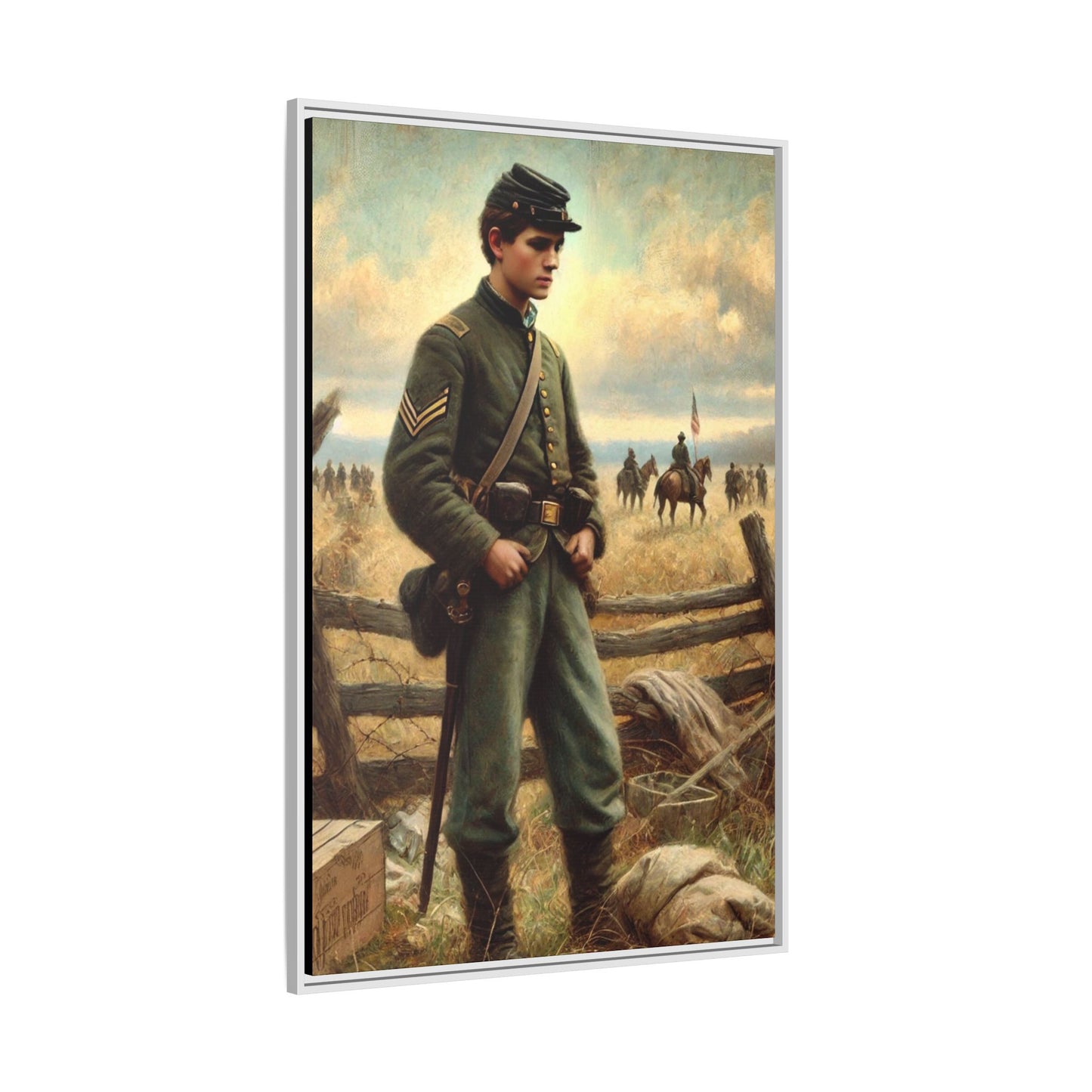 Framed artwork of a young Civil War Union soldier inspired by Walt Whitman’s Drum-Taps poems and Grant Wood's style, depicting battlefield sacrifice, humanity, and historical charm.