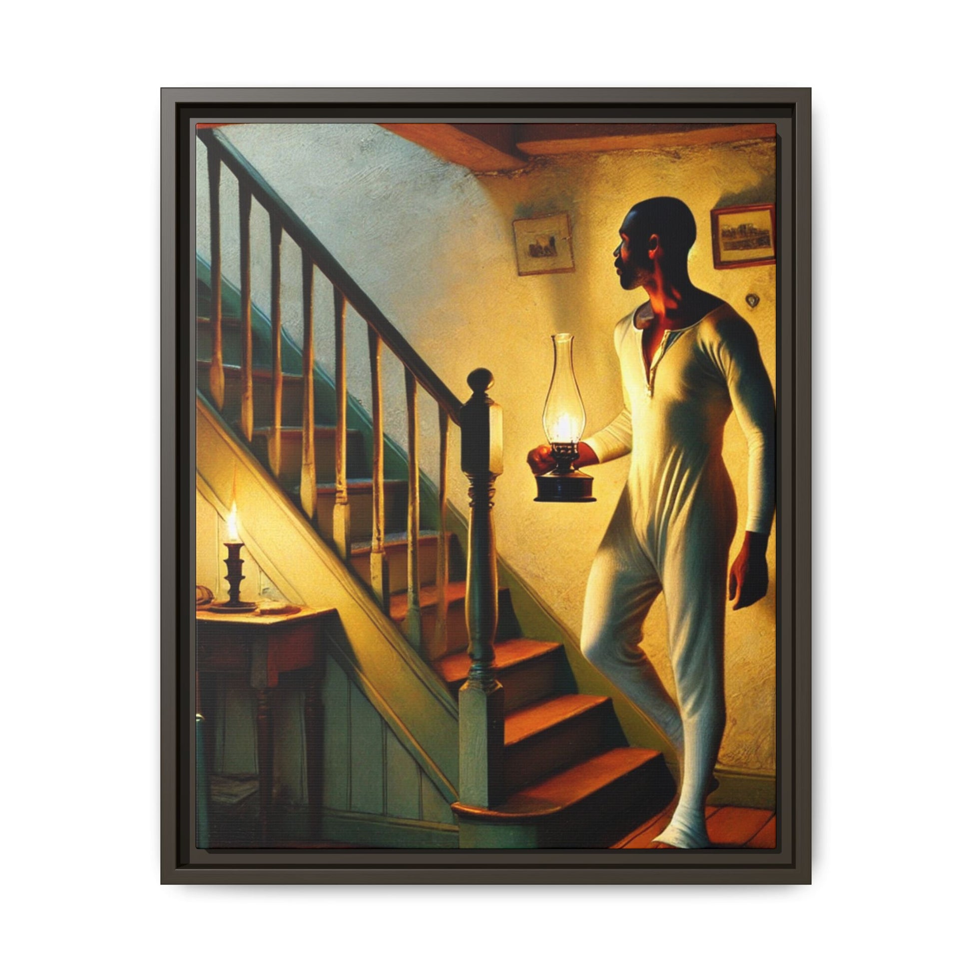 Framed artwork of an African-American man holding a lantern on a staircase, inspired by Grant Wood's style.