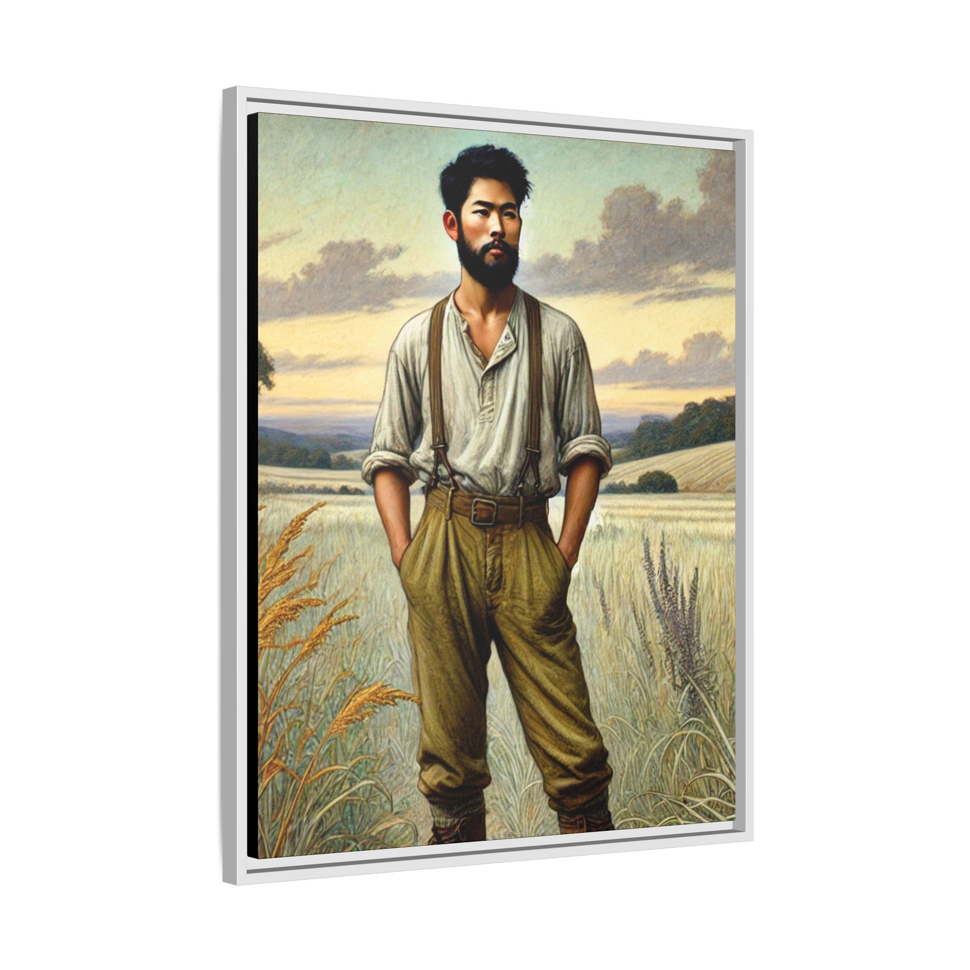 Framed artwork of an Asian-American farmer in 19th-century attire, inspired by Walt Whitman’s Leaves of Grass and Song of Myself, set against a serene rural backdrop of golden wheat fields and rolling hills.