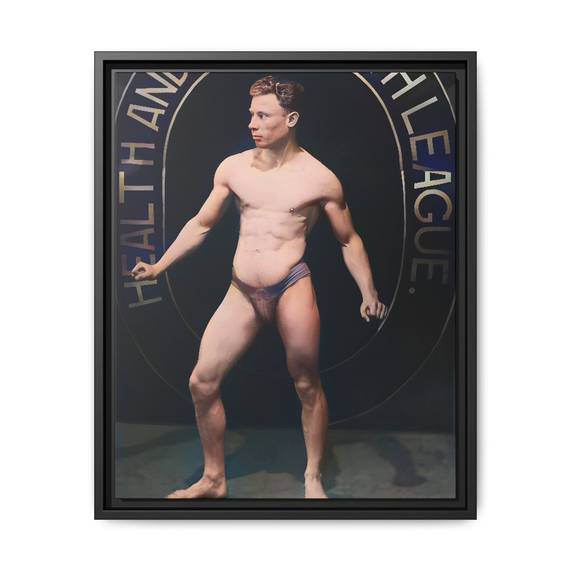 Restored vintage photo of Robert, a young bodybuilder from Manchester, UK, circa early 20th century, framed canvas.