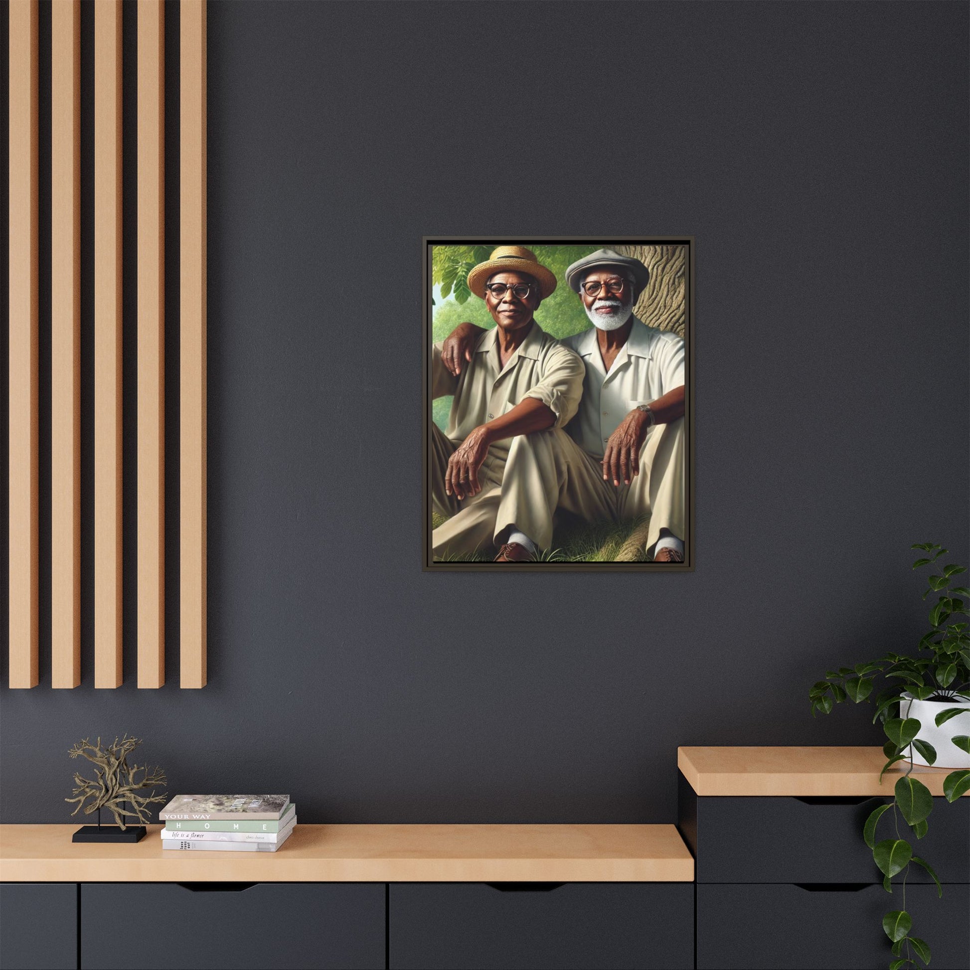 Framed artwork of a gay African-American couple in Cedar Rapids, Iowa, 1930s, celebrating love and resilience.