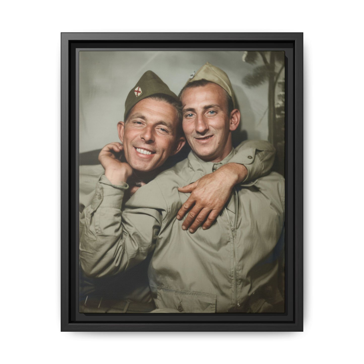 Mid-20th century military double portrait of two men in light uniforms with painted backdrop