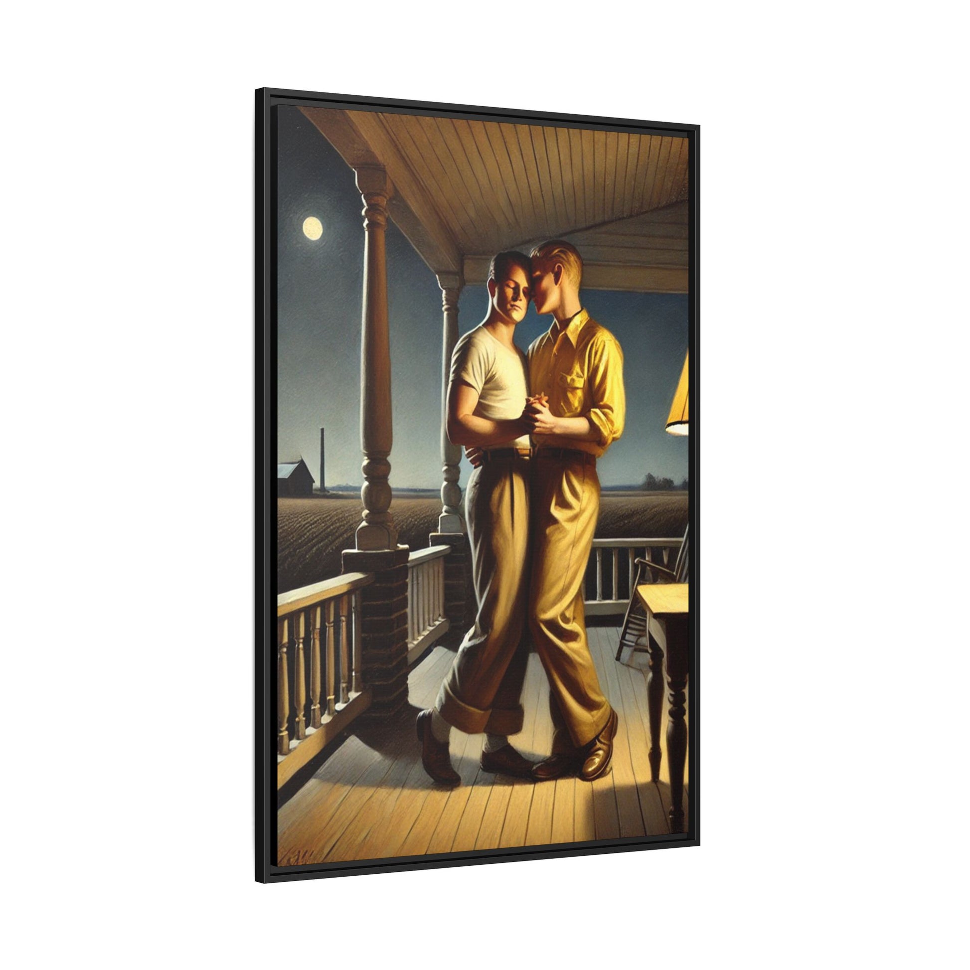 Artwork of a gay couple standing on a farmhouse porch under the moonlight, inspired by Grant Wood’s style.