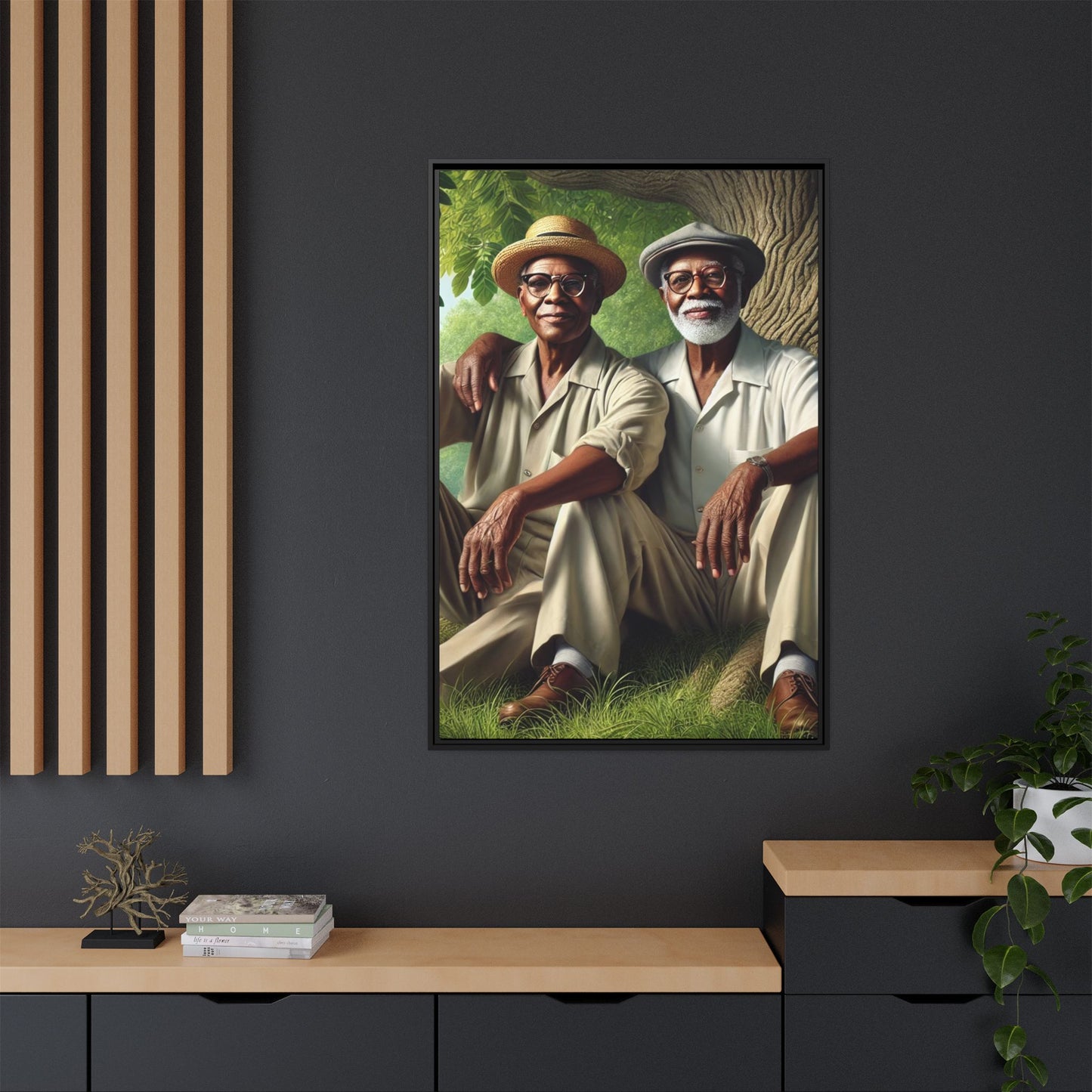 Framed artwork of a gay African-American couple in Cedar Rapids, Iowa, 1930s, celebrating love and resilience.