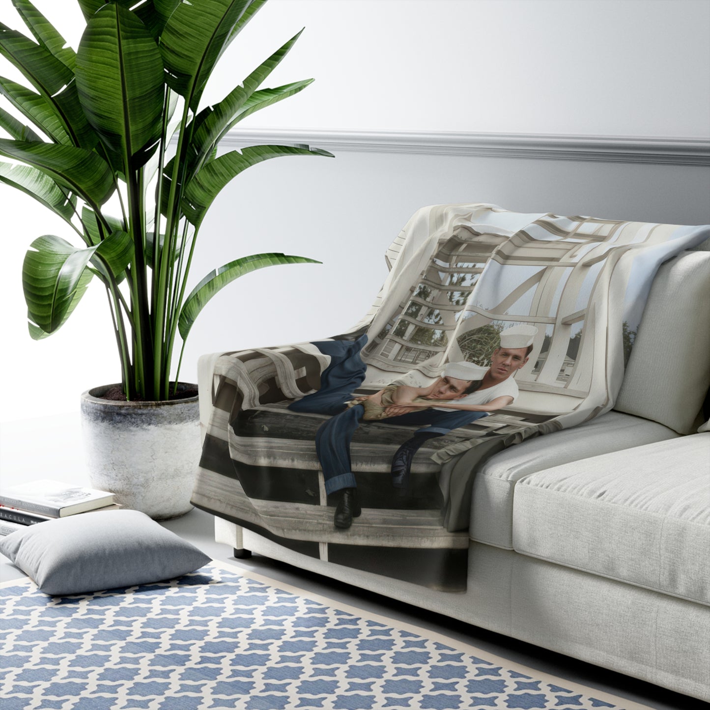 Historical sherpa blanket with playful sailor portrait on staircase 