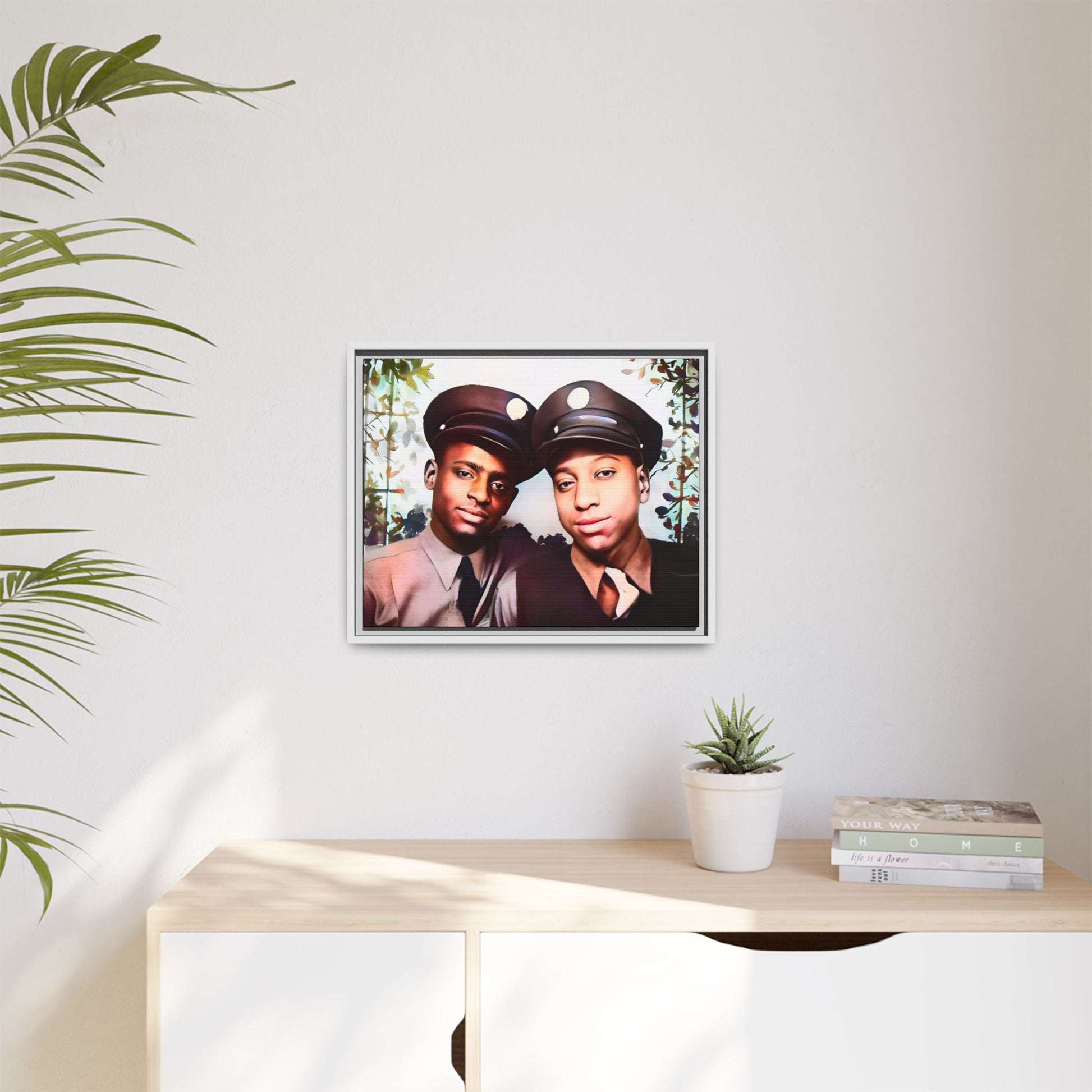 Restored vintage photo of Deion & Marcus, an African-American couple in uniforms, Lexington KY, framed canvas art