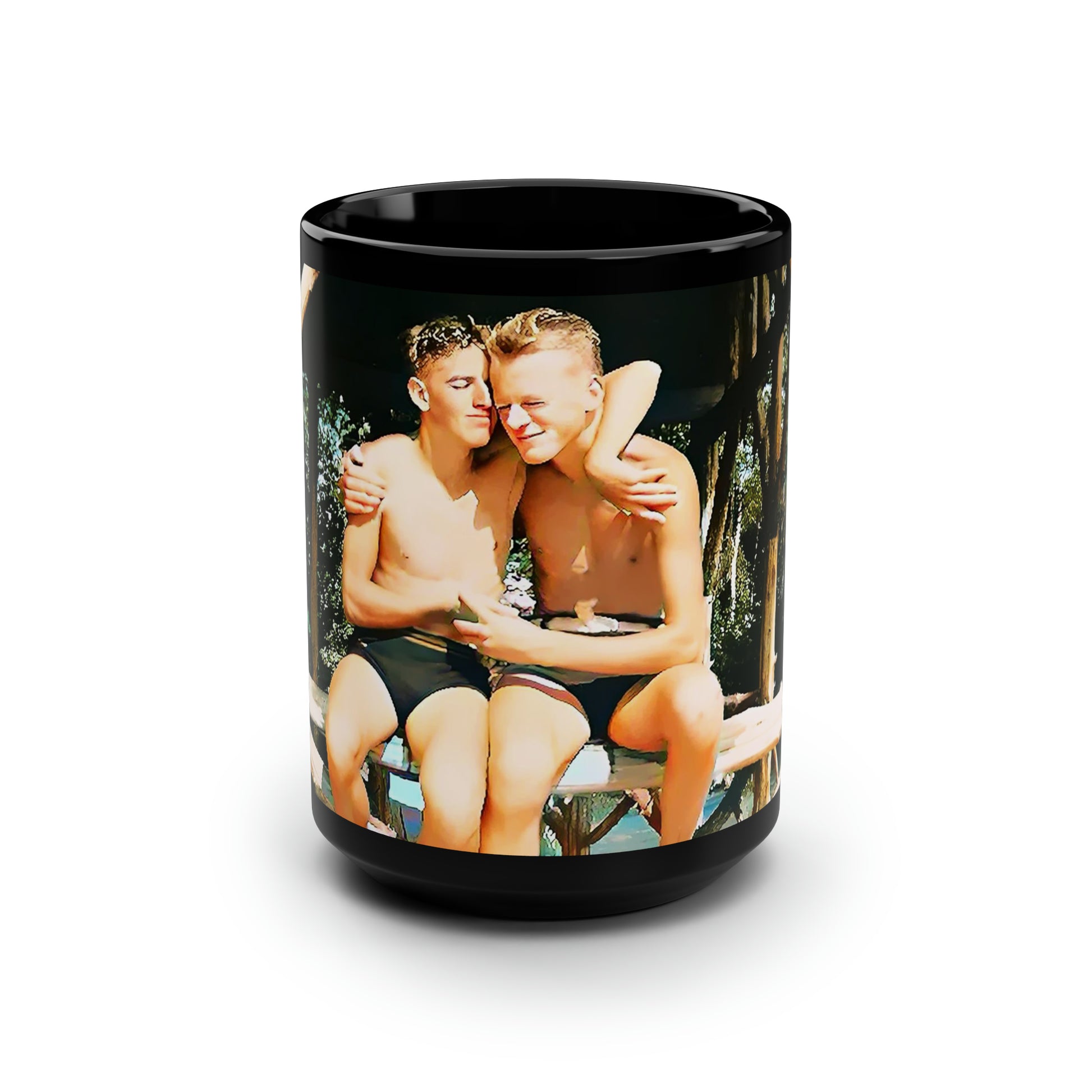nager 012 | Black Mug, 15oz Vintage Photo Gay Honeymoon Photo Hawaii Beach Queer LGBTQ Present Gift