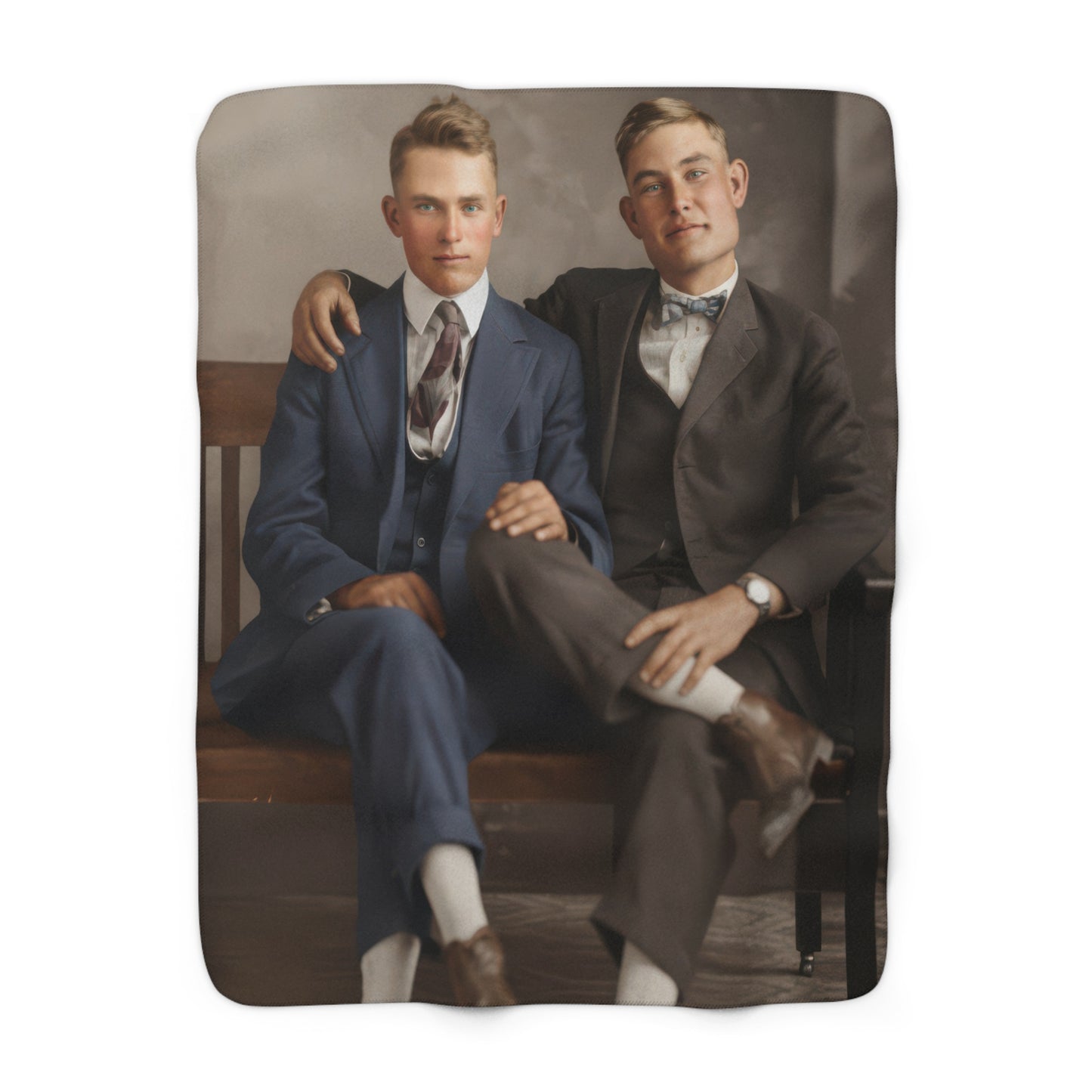 Heirloom sherpa blanket with restored vintage studio portrait of two young men 