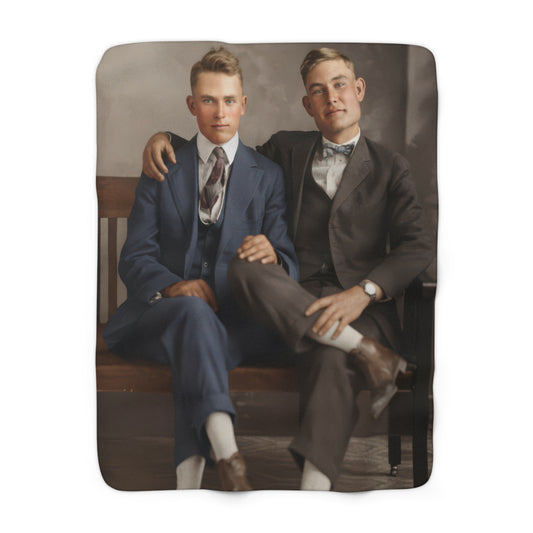 Heirloom sherpa blanket with restored vintage studio portrait of two young men 