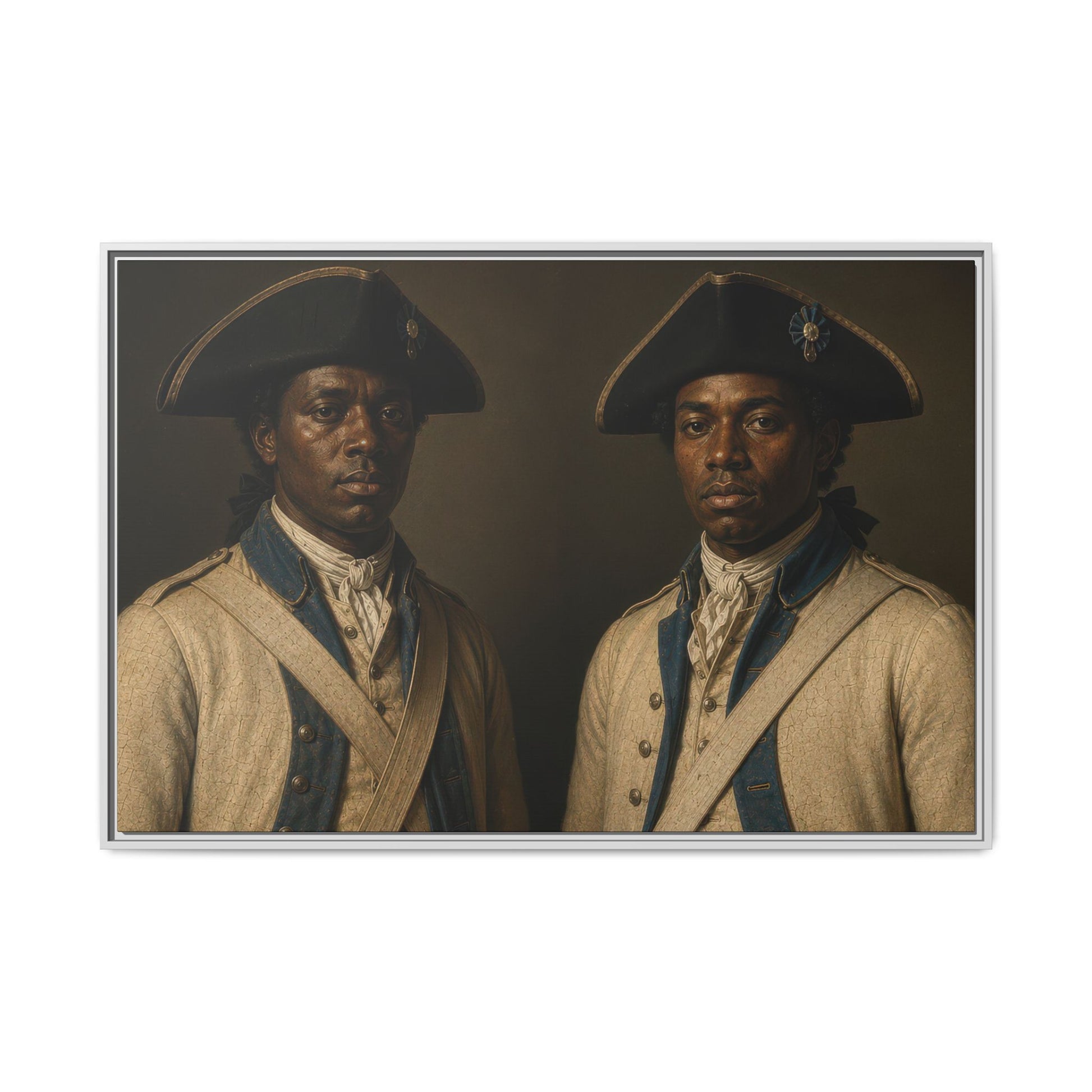 French allied soldiers of African descent portrayed in eighteenth-century military dress, historical canvas artwork.