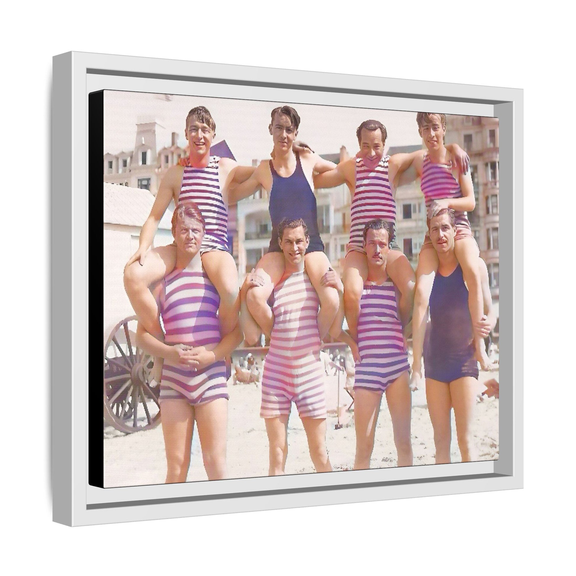 Restored vintage photo of a Bachelor Party in Corpus Christi TX, featuring men in striped swimwear forming human towers, framed canvas art.