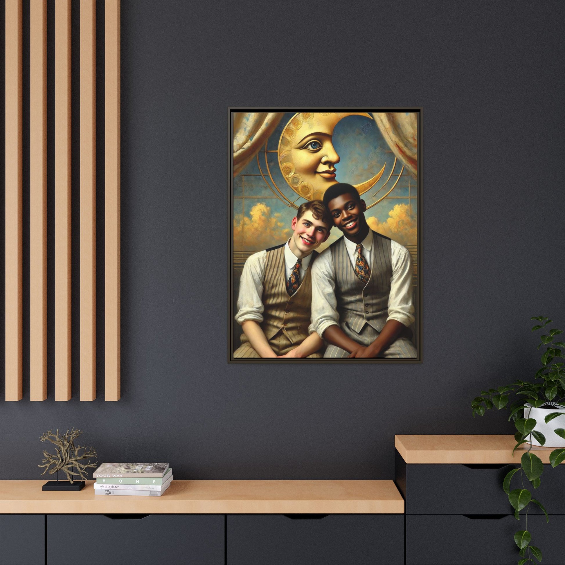 A vintage-style artwork showing a young interracial gay couple in 1920s attire sitting beneath a golden crescent moon with a serene expression. Their joyful closeness reclaims erased queer history and reflects the beauty of interracial love through a lens of tenderness and celebration.