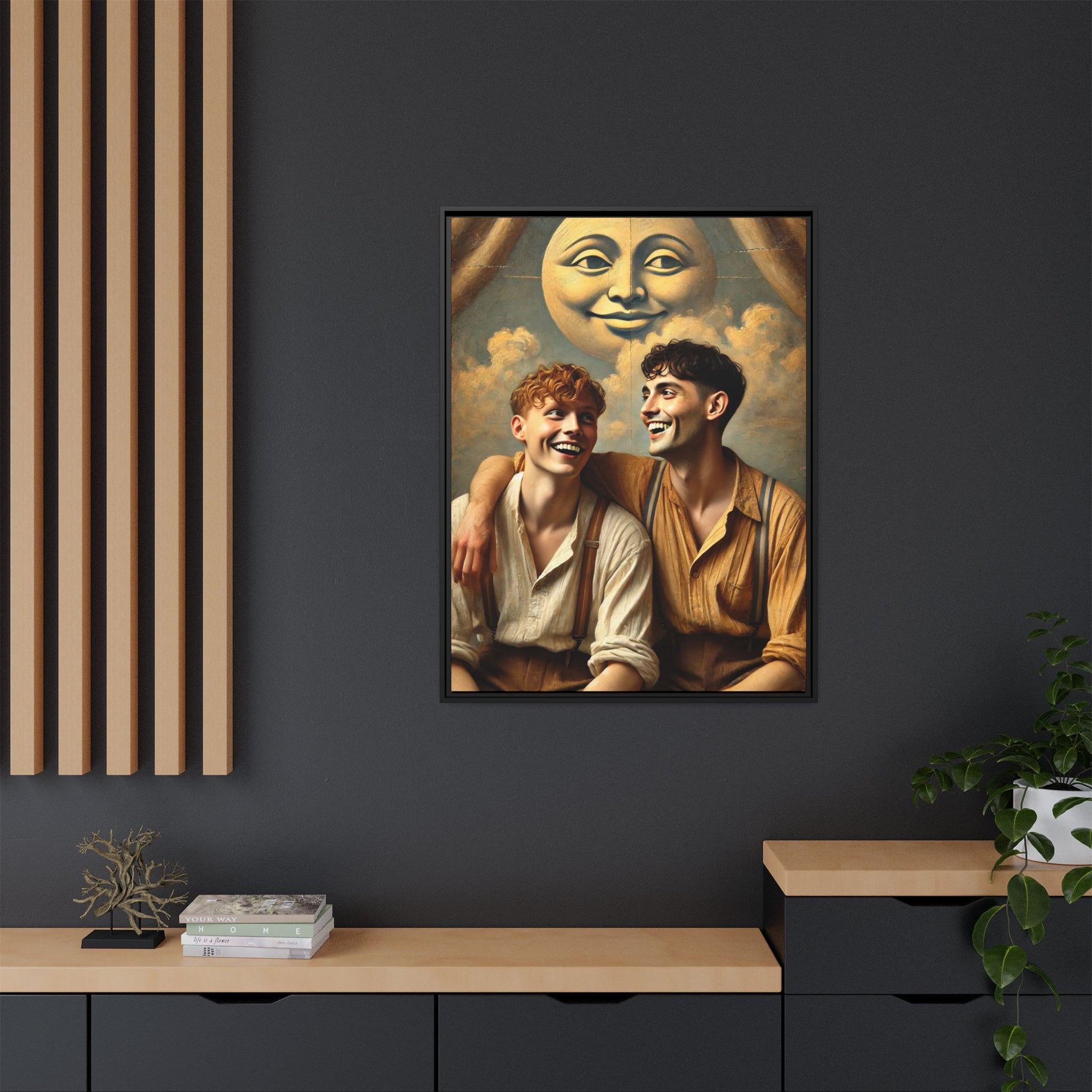 Queer artwork of two joyful young men dressed in vintage clothing with rolled sleeves and suspenders, laughing under a large moon prop in a dreamy studio scene. A celebration of love and resilience reclaimed from forgotten queer histories.