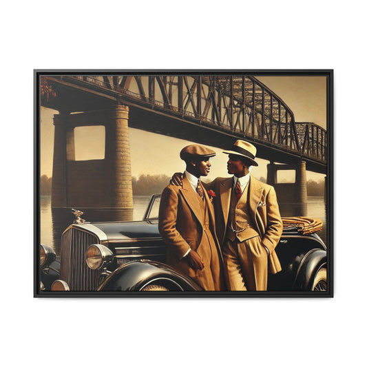 Vintage-style artwork of an African-American gay couple in the 1930s with a Packard car by the Mississippi River, celebrating love and inclusivity.