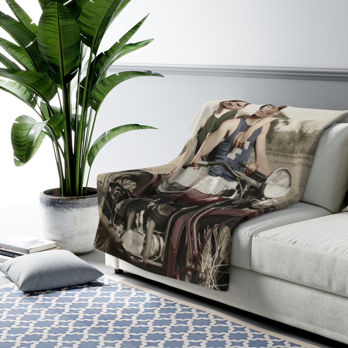 Historical sherpa blanket with athletic menswear and vintage motorcycle imagery 