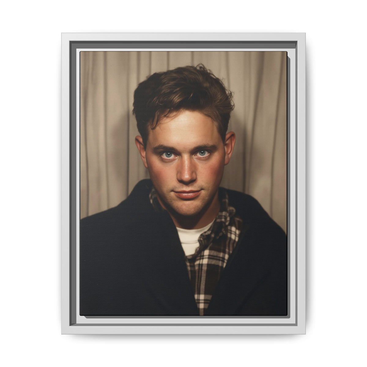 Célibataire 001 portrait of Jake Smith, photographed at Deadwood Bar in Iowa City in 1992, with layered clothing and a folded curtain background.