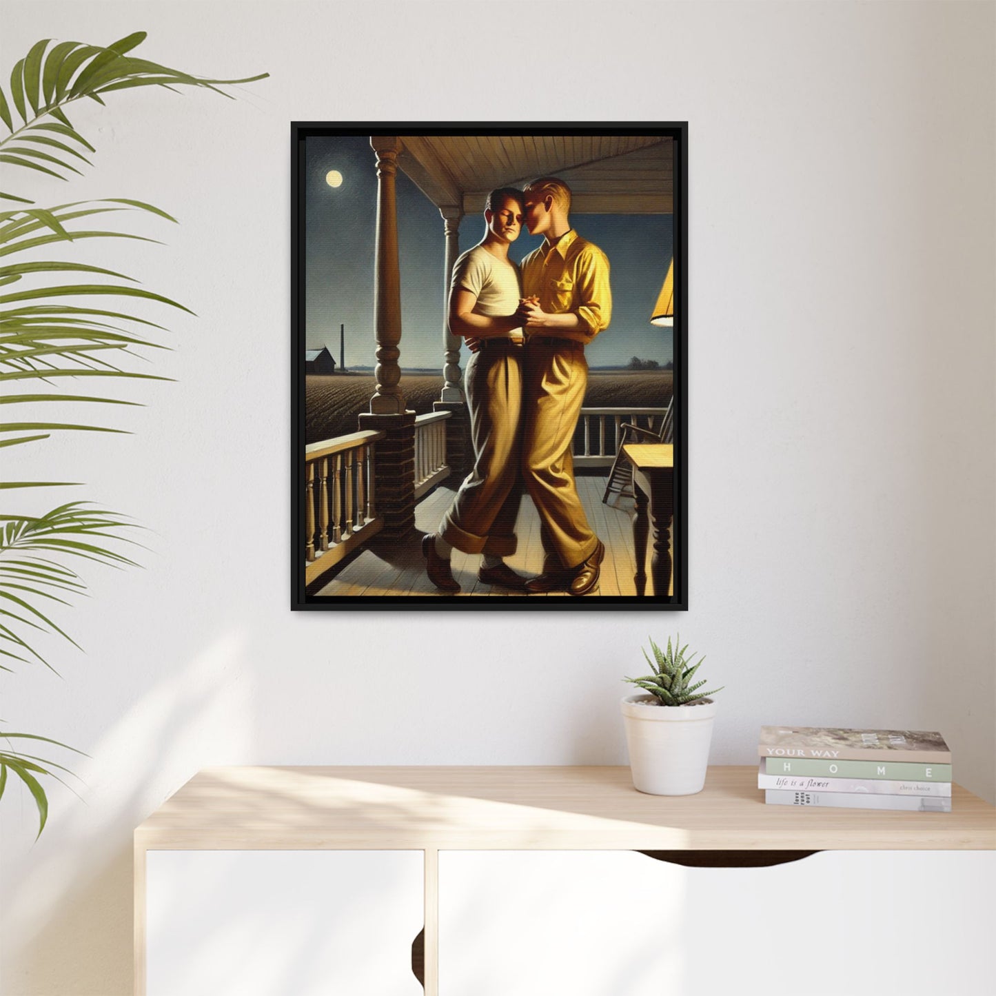 Artwork of a gay couple standing on a farmhouse porch under the moonlight, inspired by Grant Wood’s style.