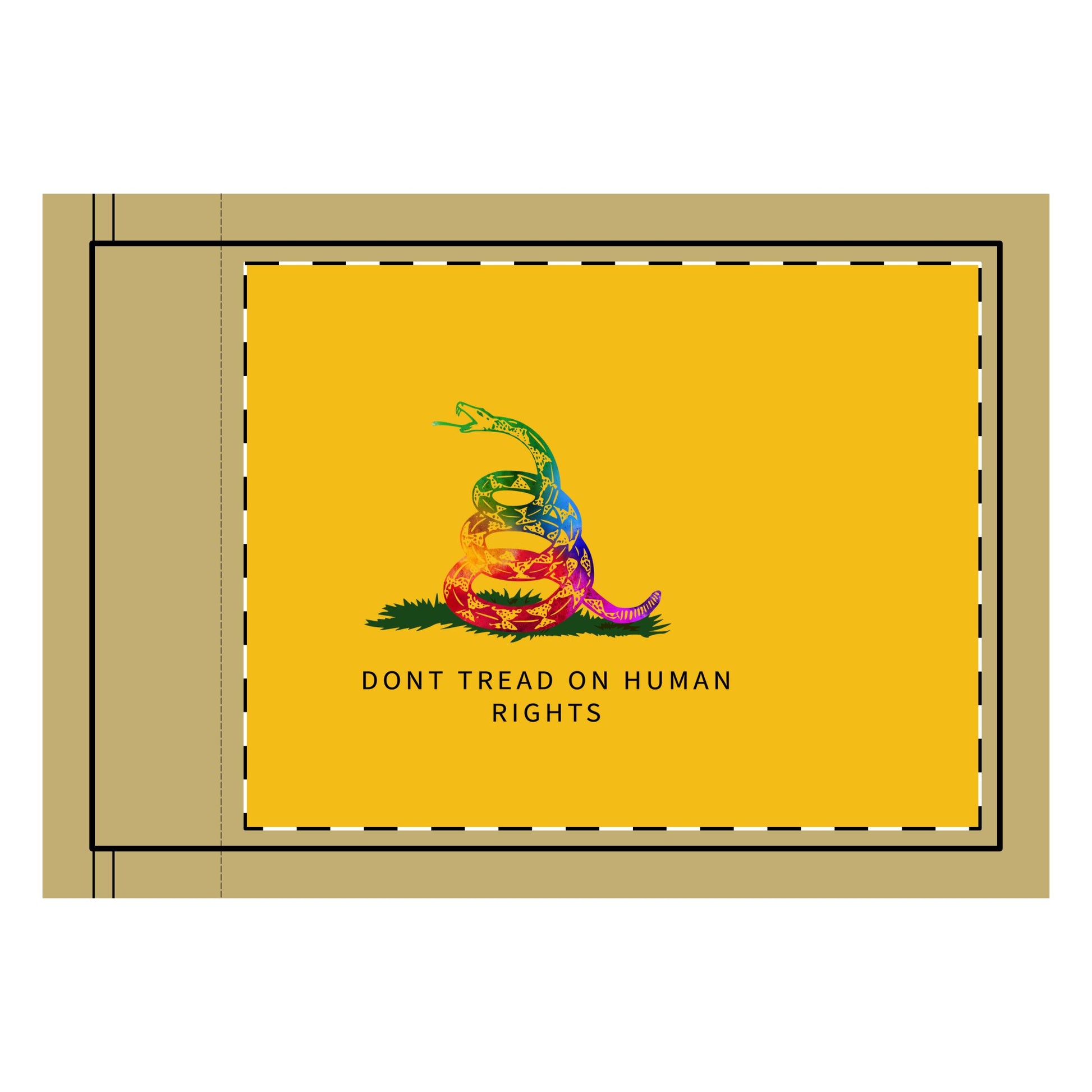 A vibrant reinterpretation of the Gadsden Flag featuring a coiled rainbow rattlesnake on a golden yellow background with the text "Don’t Tread on Human Rights," symbolizing inclusivity, equality, and justice. Don’t Tread on me. Gay Pride Flag