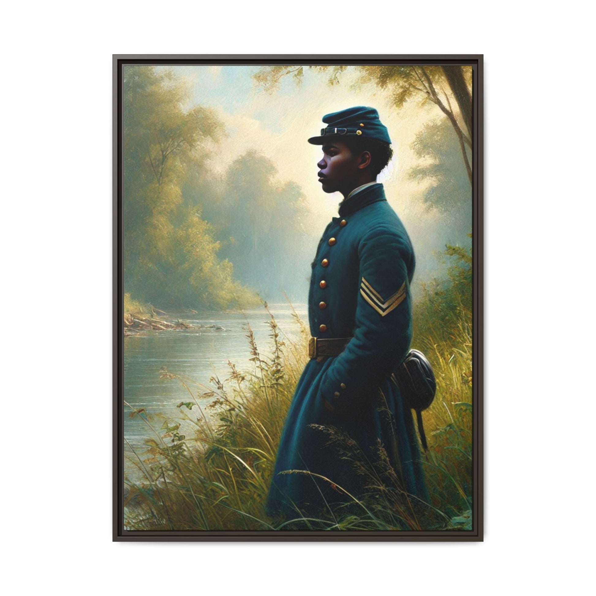 Portrait of an African American Union soldier standing solemnly by a riverside, inspired by Walt Whitman’s Leaves of Grass and Drum-Taps, honoring sacrifice, resilience, and history. Grant Wood Inspired