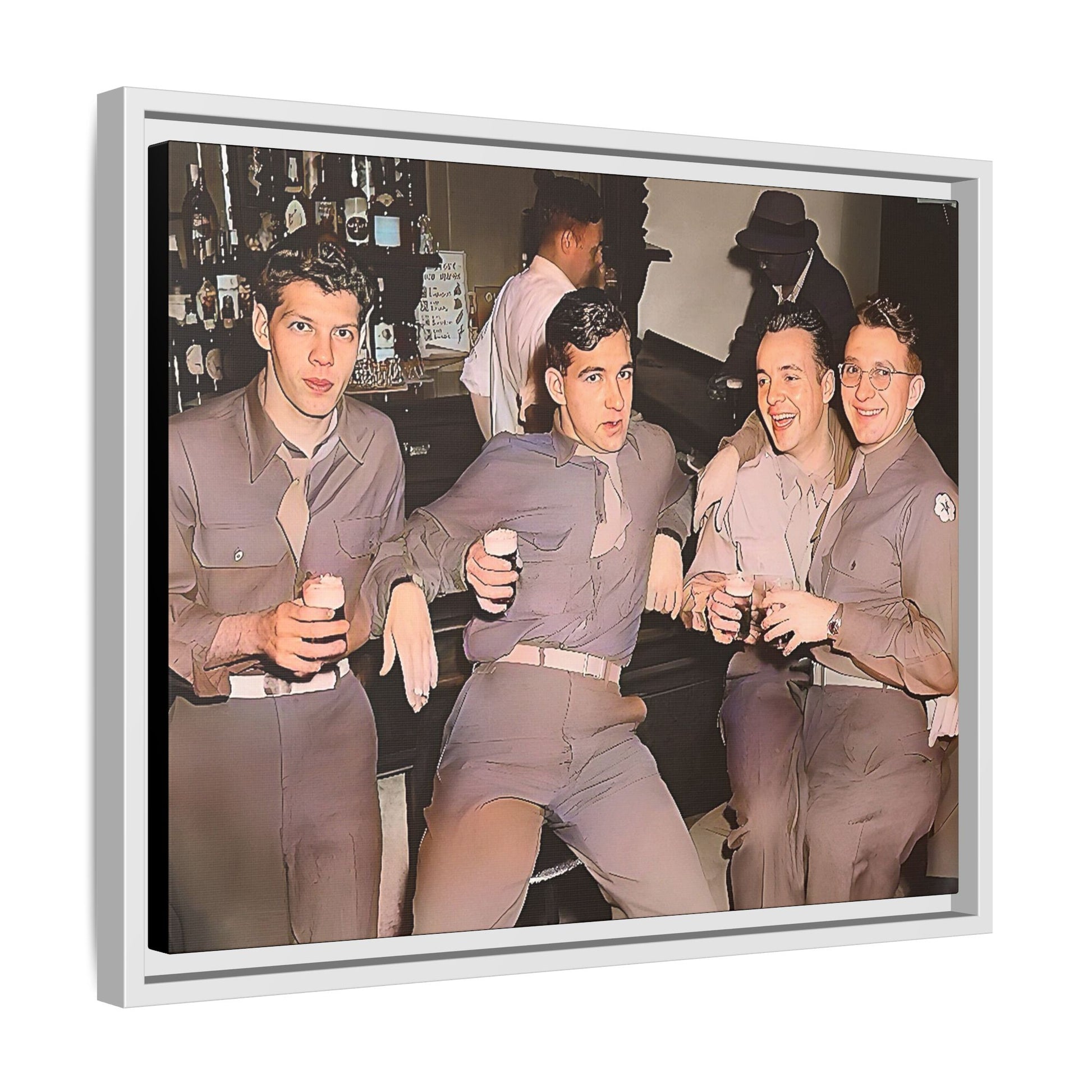 Restored vintage photograph of soldiers in uniform gathered at Jackson's gay bar in mid-20th century San Francisco. Framed matte canvas print celebrating camaraderie, resilience, and LGBTQ+ history.